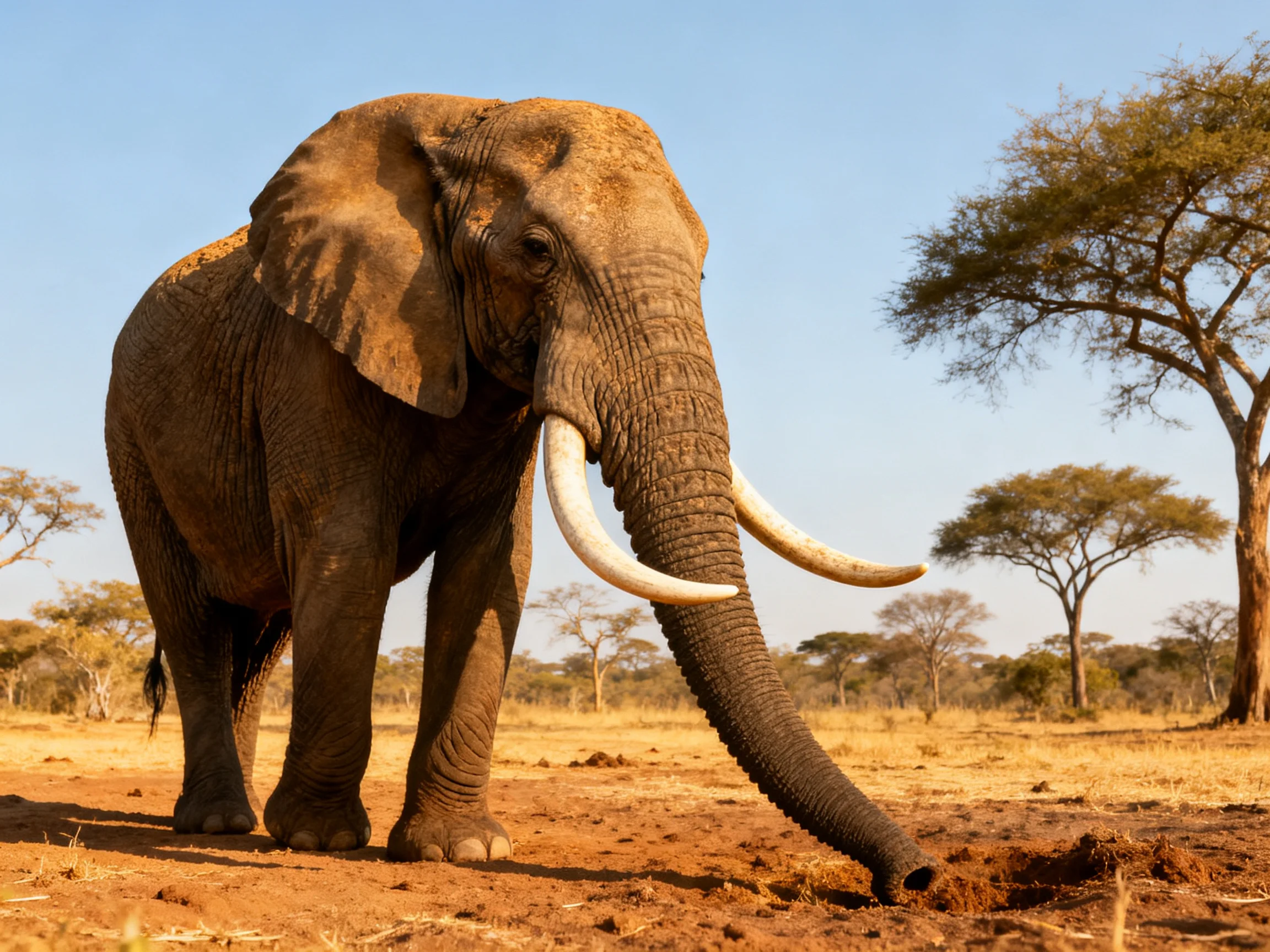 A majestic African elephant with large tusks in a sunlit savannah