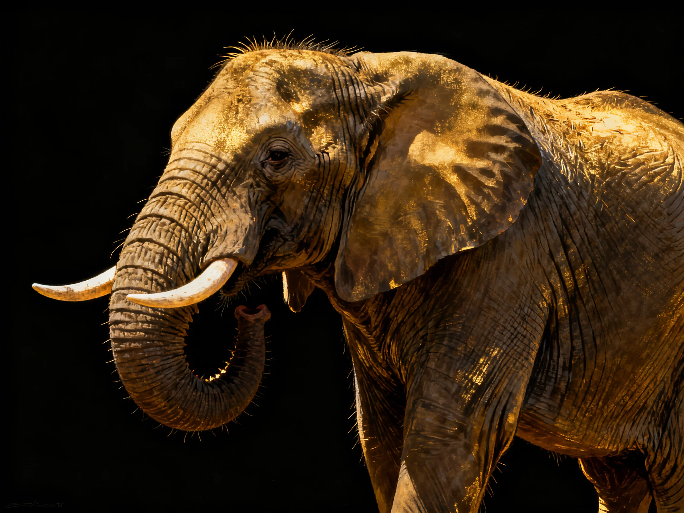 A majestic African elephant with prominent tusks and textured skin under dramatic lighting