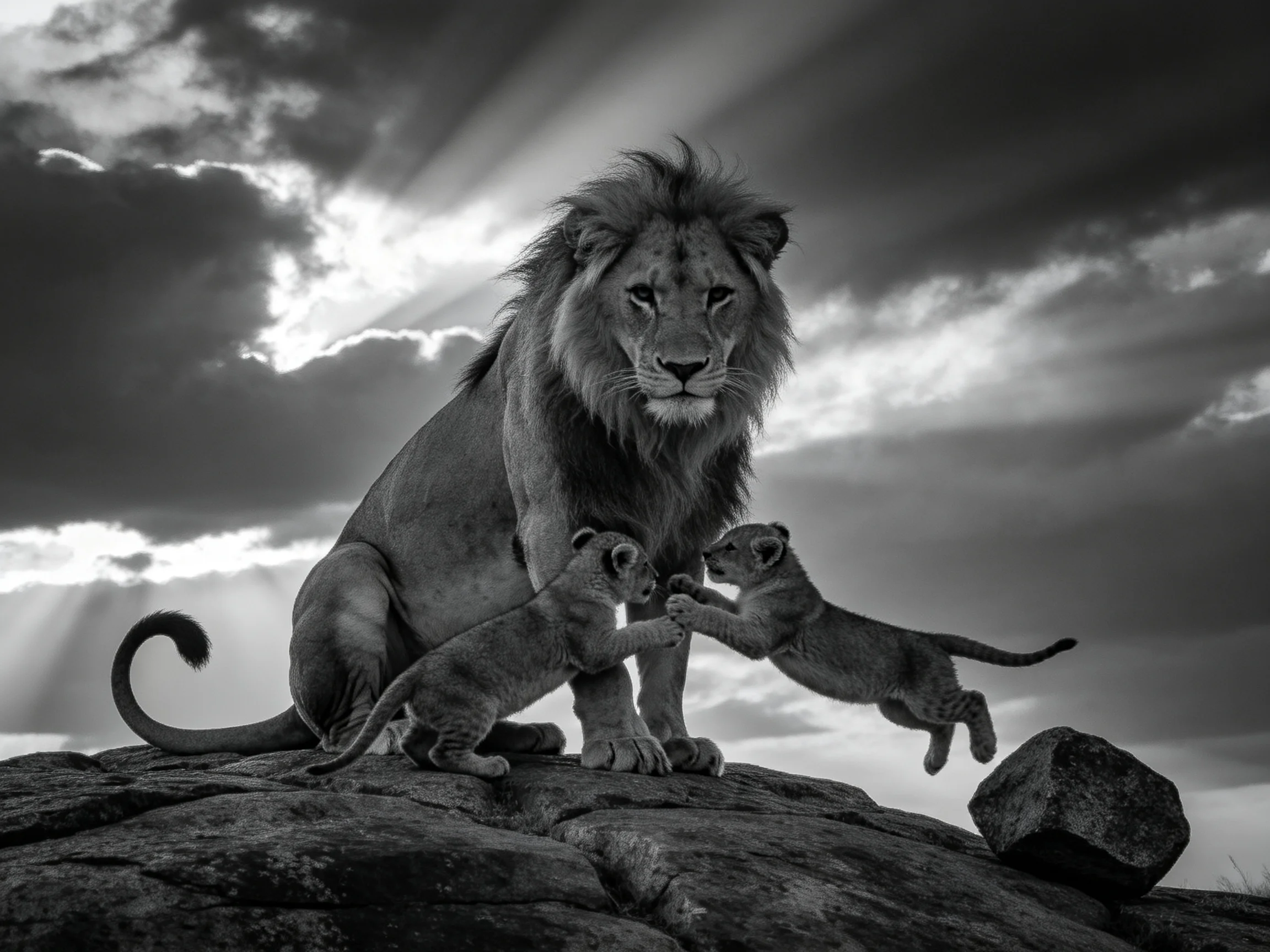 A majestic adult lion with two playful cubs on a rocky outcrop under dramatic cloudy skies