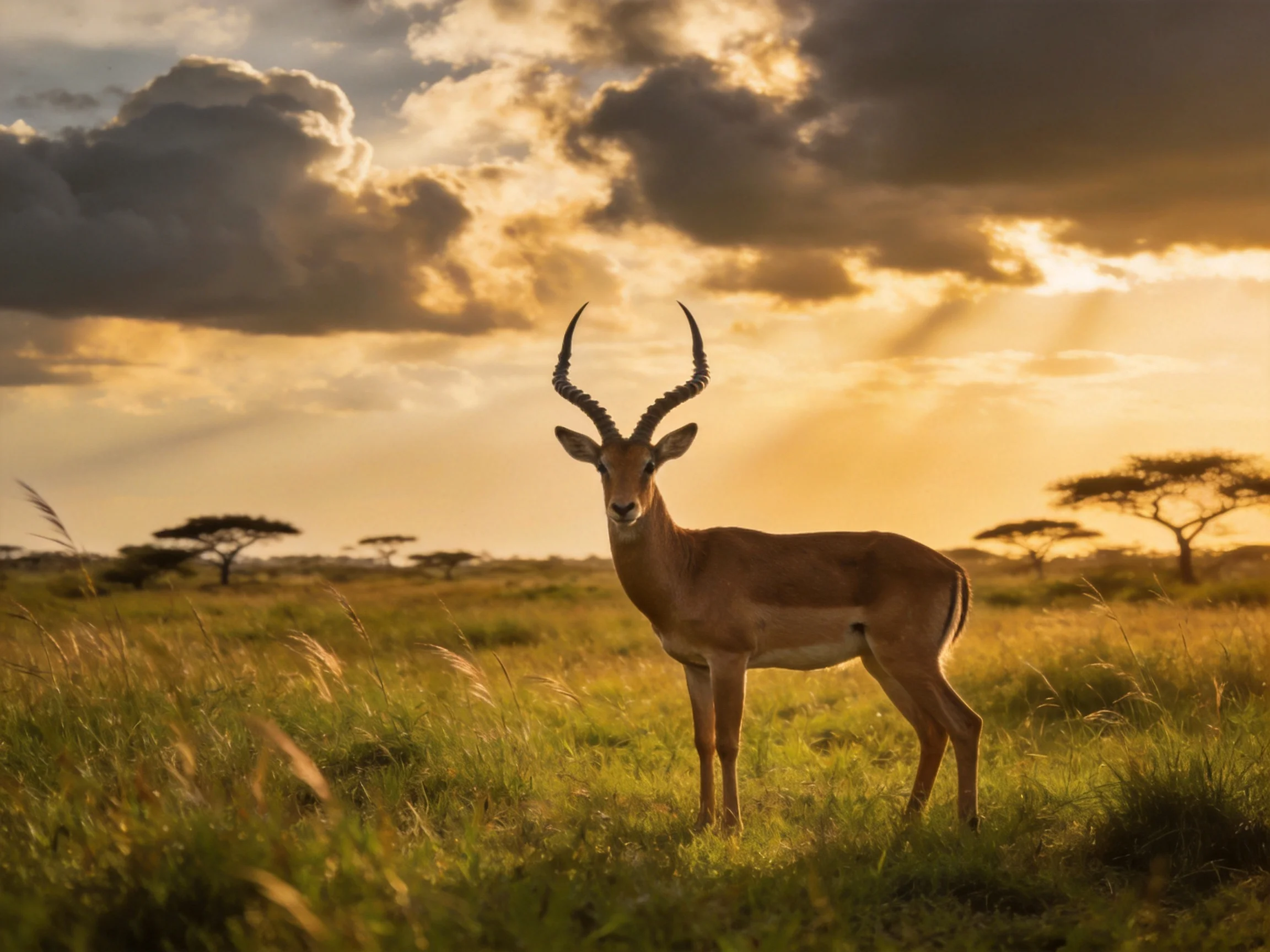 A majestic antelope stands in golden savannah under dramatic sunset skies