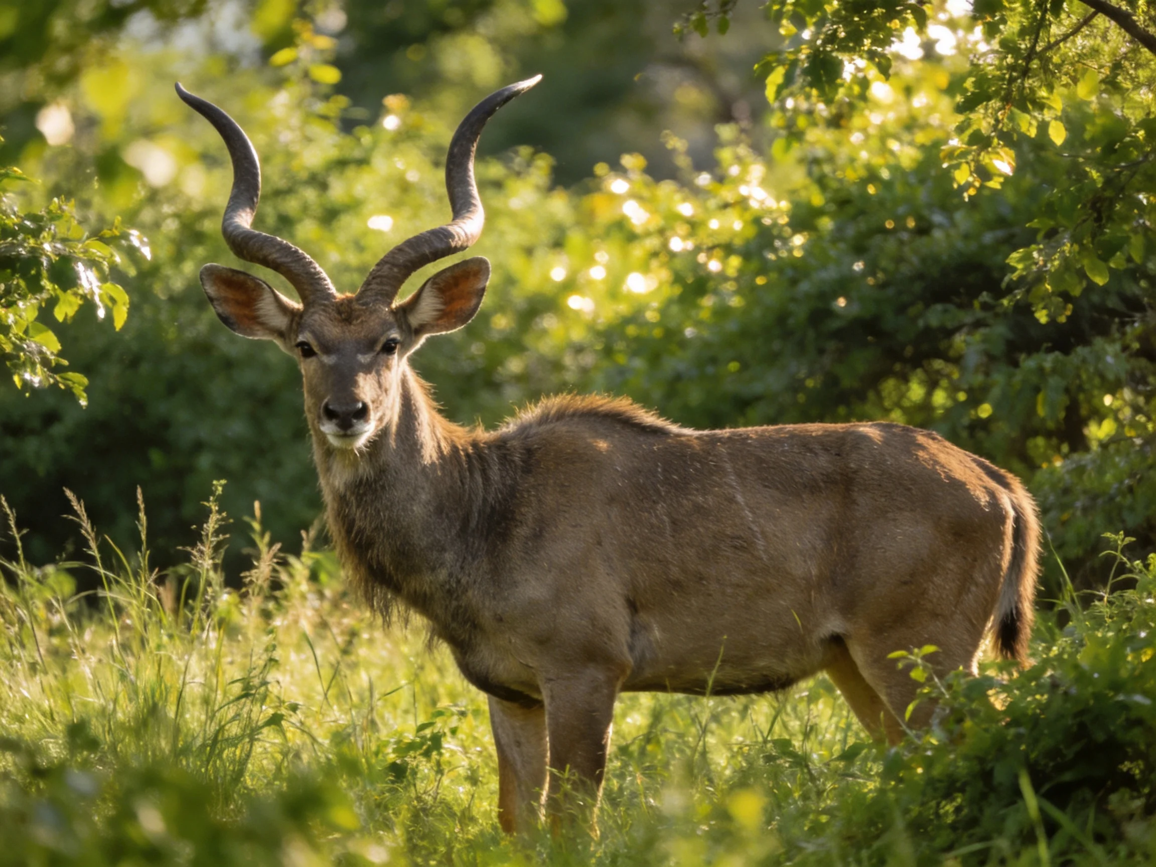 A majestic antelope with curved horns in sunlit greenery