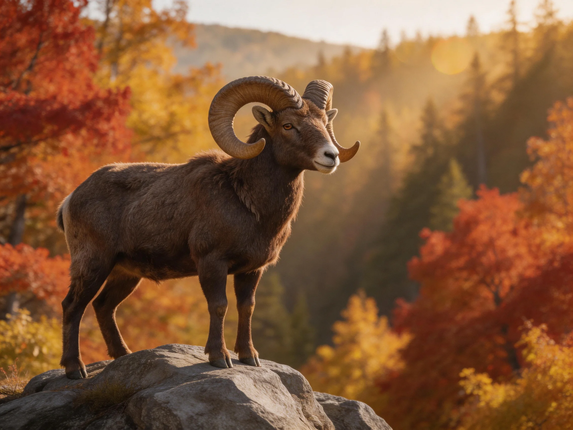 A bighorn ram stands on a rock surrounded by colorful autumn trees.