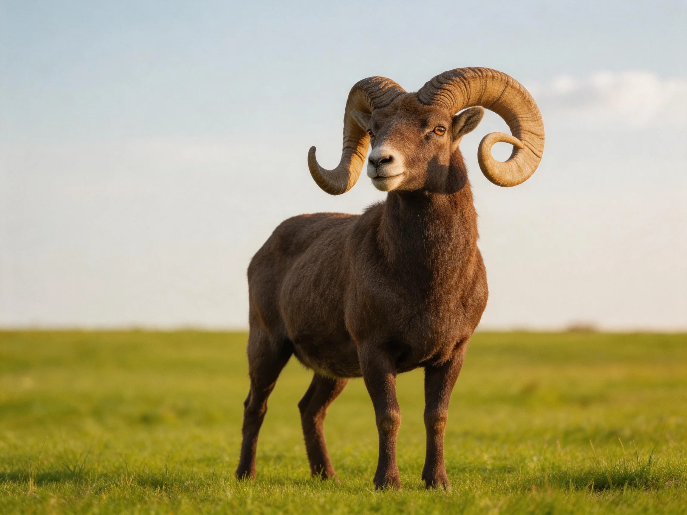 A majestic bighorn ram stands on lush green grass with large curved horns