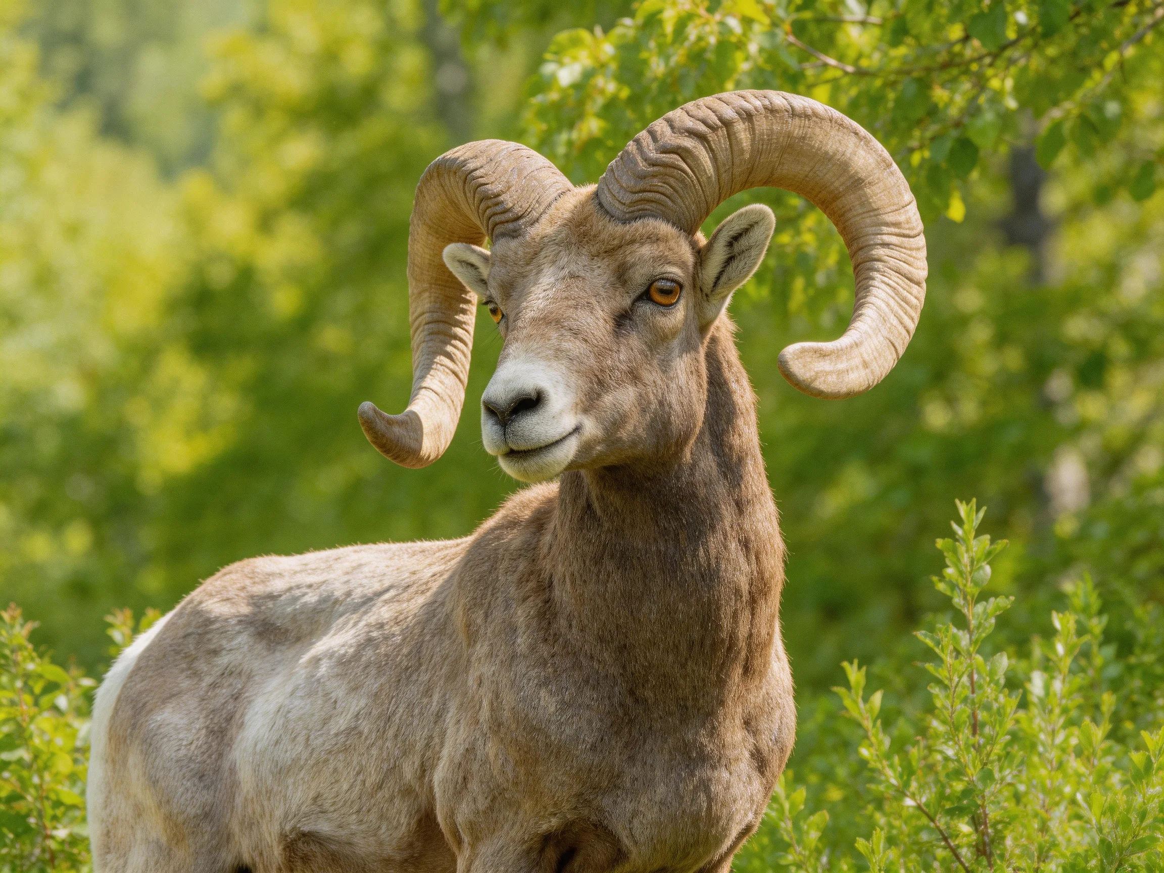 A majestic bighorn ram with large curved horns in lush green foliage