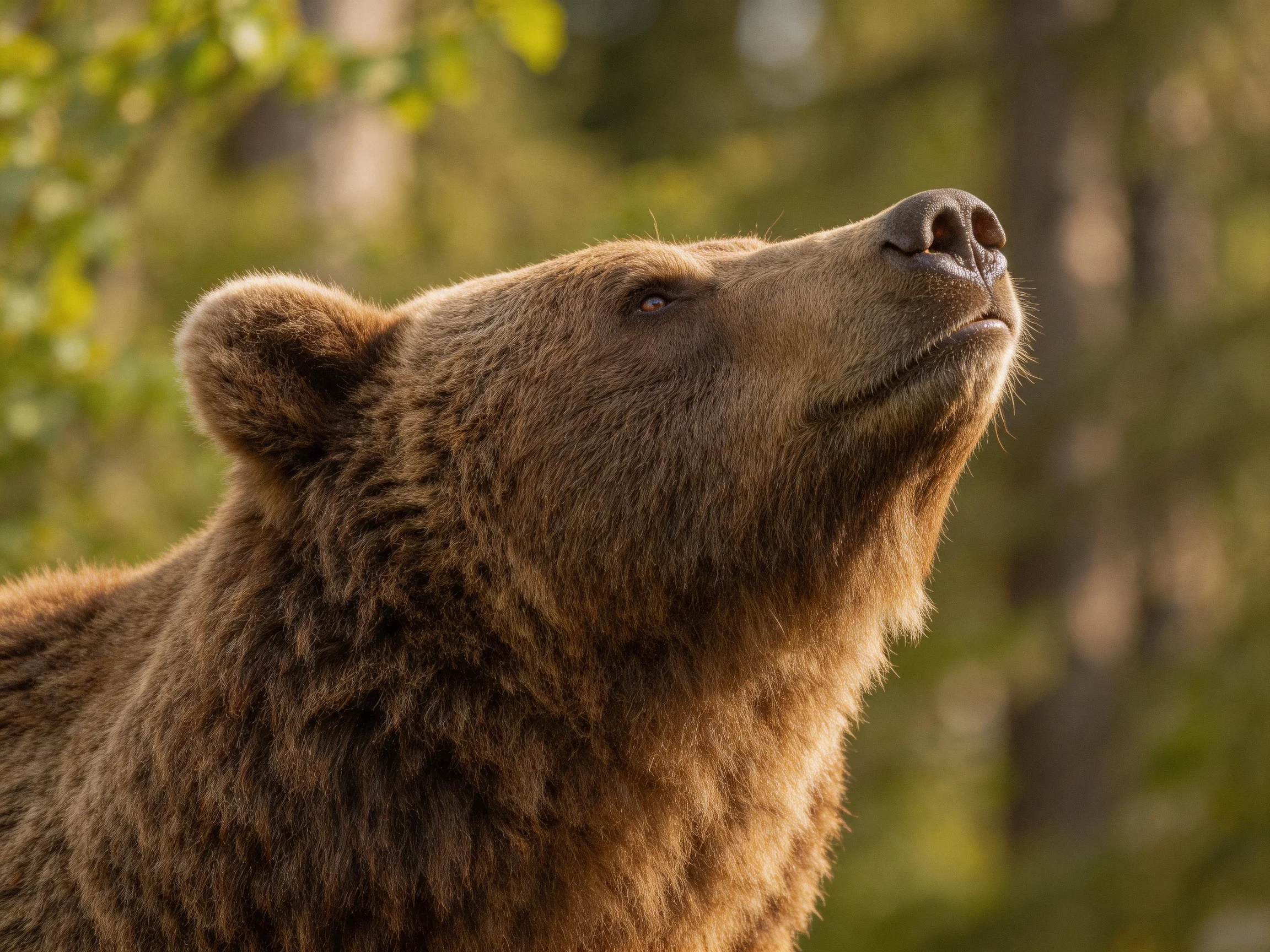 A majestic brown bear gazing upward in a sunlit forest