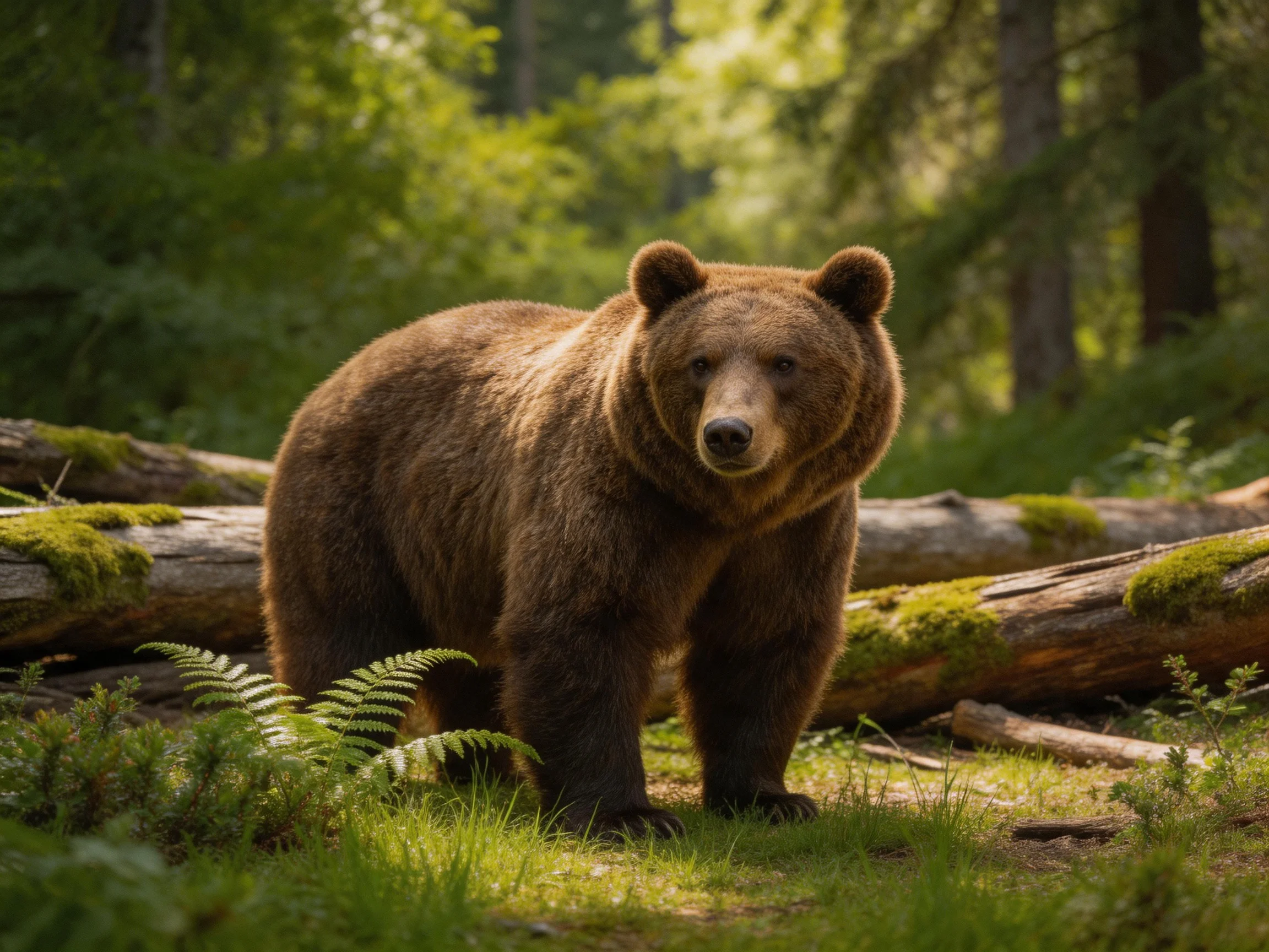 A majestic brown bear stands amid moss-laden logs in a sun-dappled forest