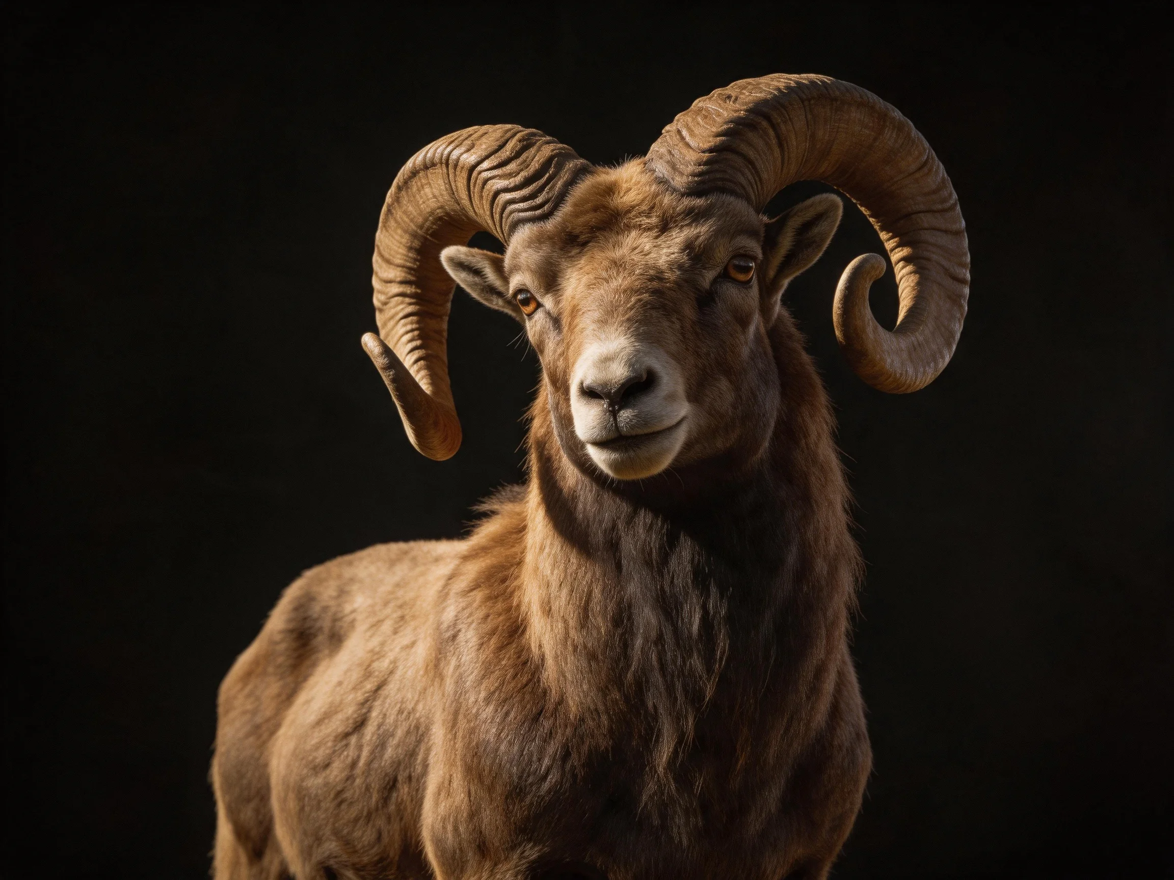 A brown bighorn sheep displays large curled horns against a dark background.