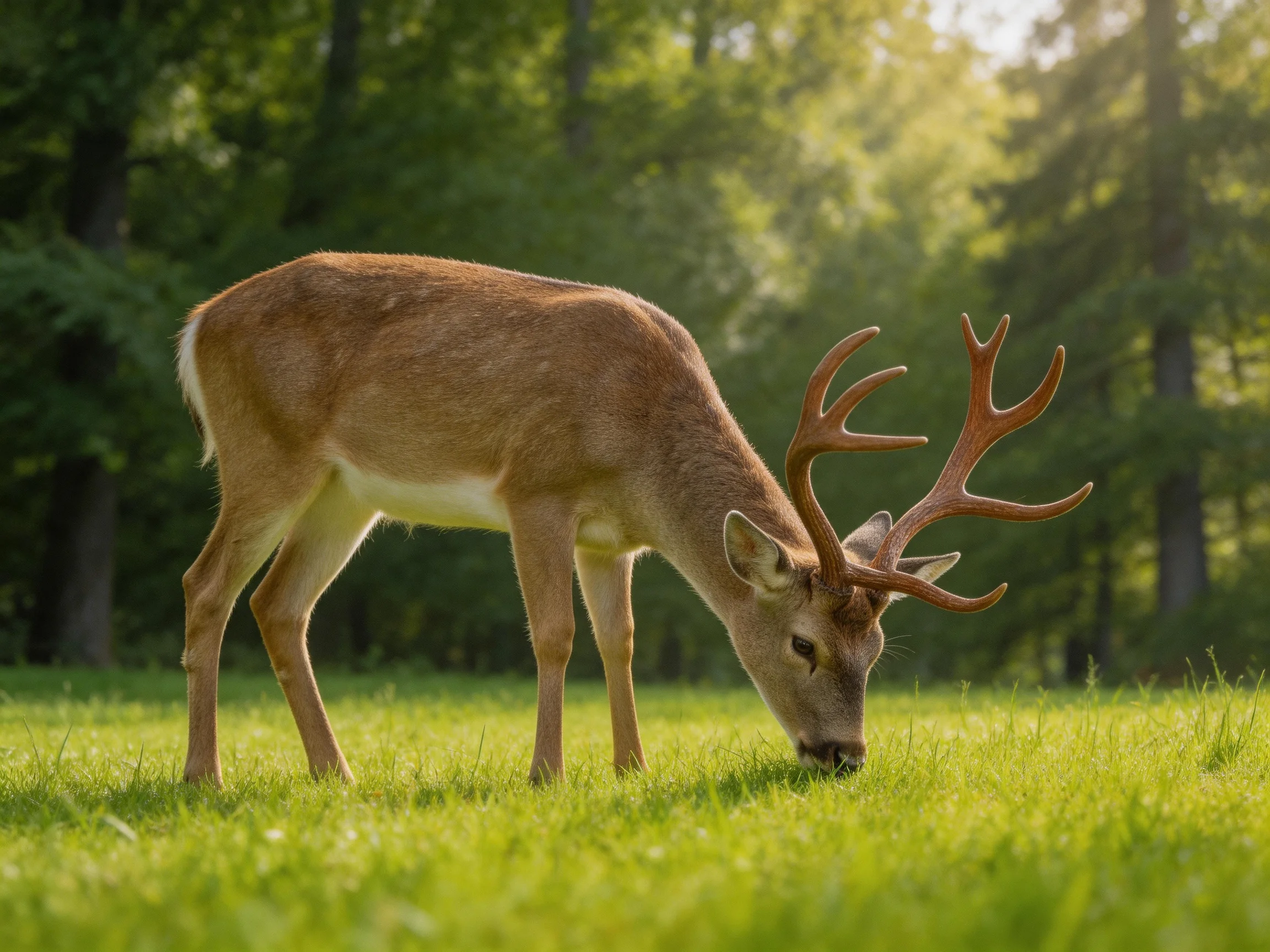 A majestic brown deer with large antlers grazes in a sunlit green meadow near trees