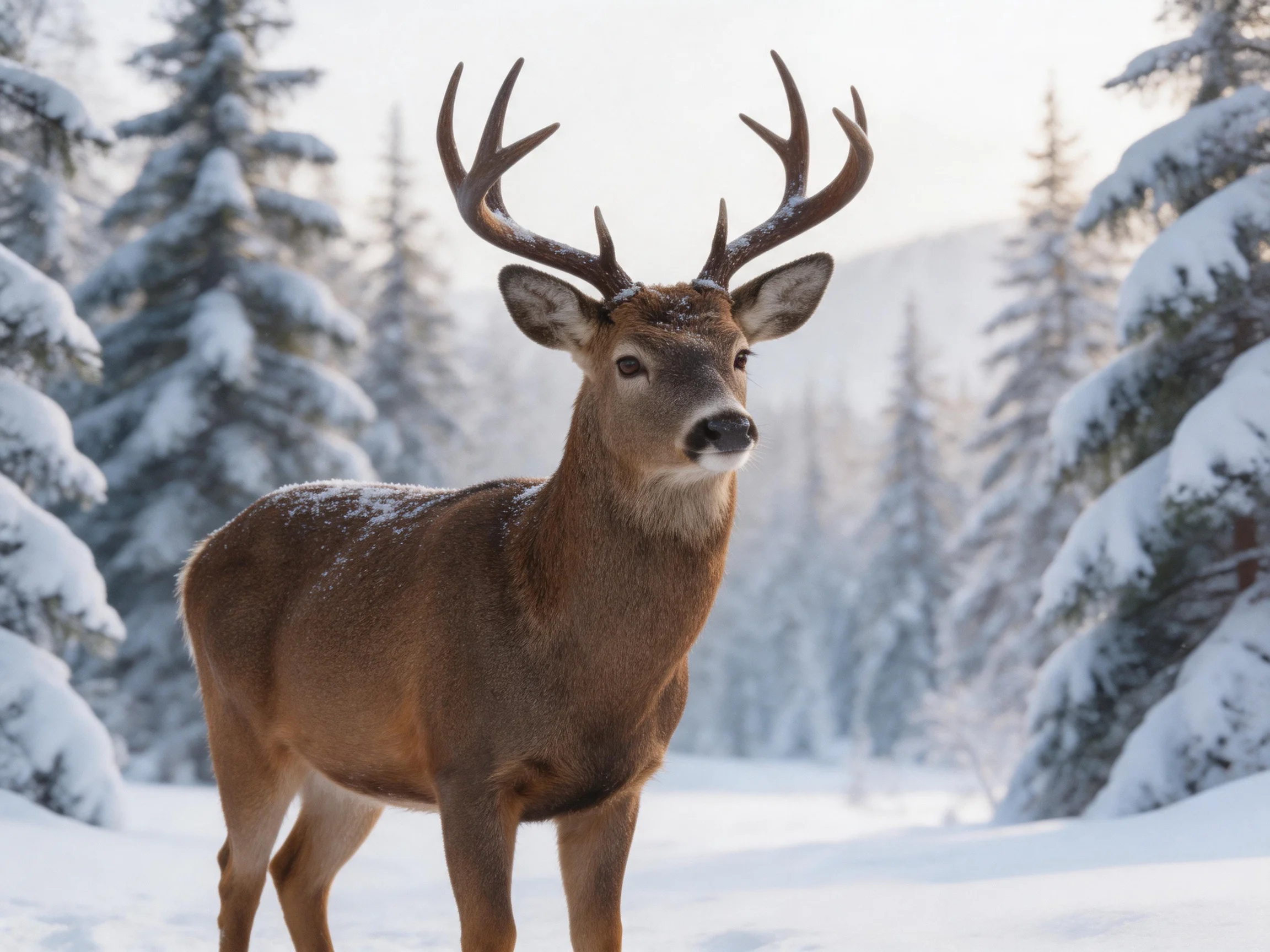 A majestic brown deer with large antlers in a snow-covered pine forest