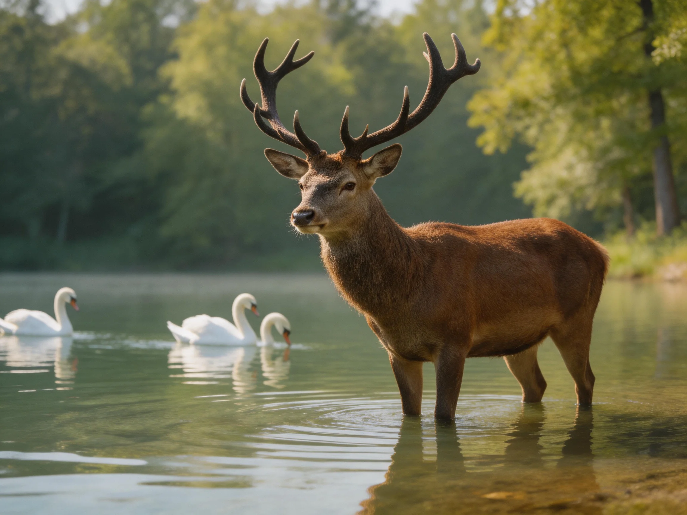 A deer stands in shallow water alongside swans in a peaceful natural setting.