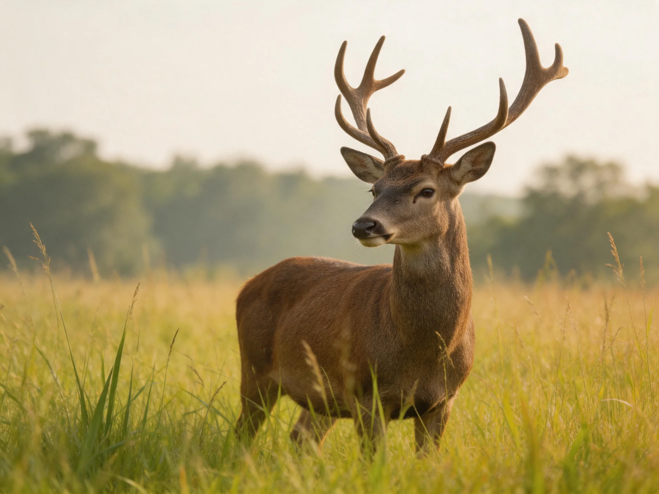 A brown deer with large antlers stands in sunlit grass.