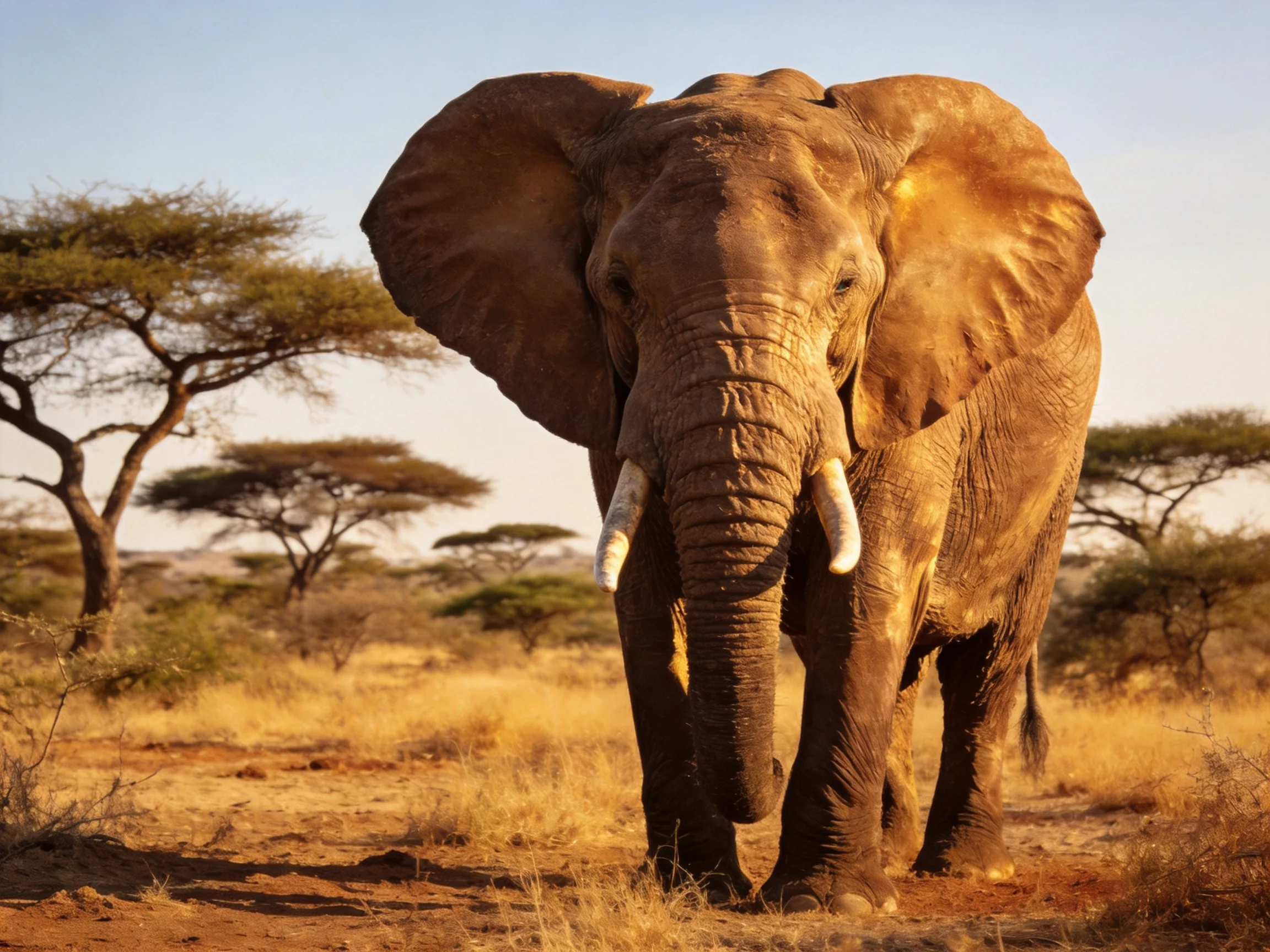 A majestic brown elephant stands amid golden savannah vegetation
