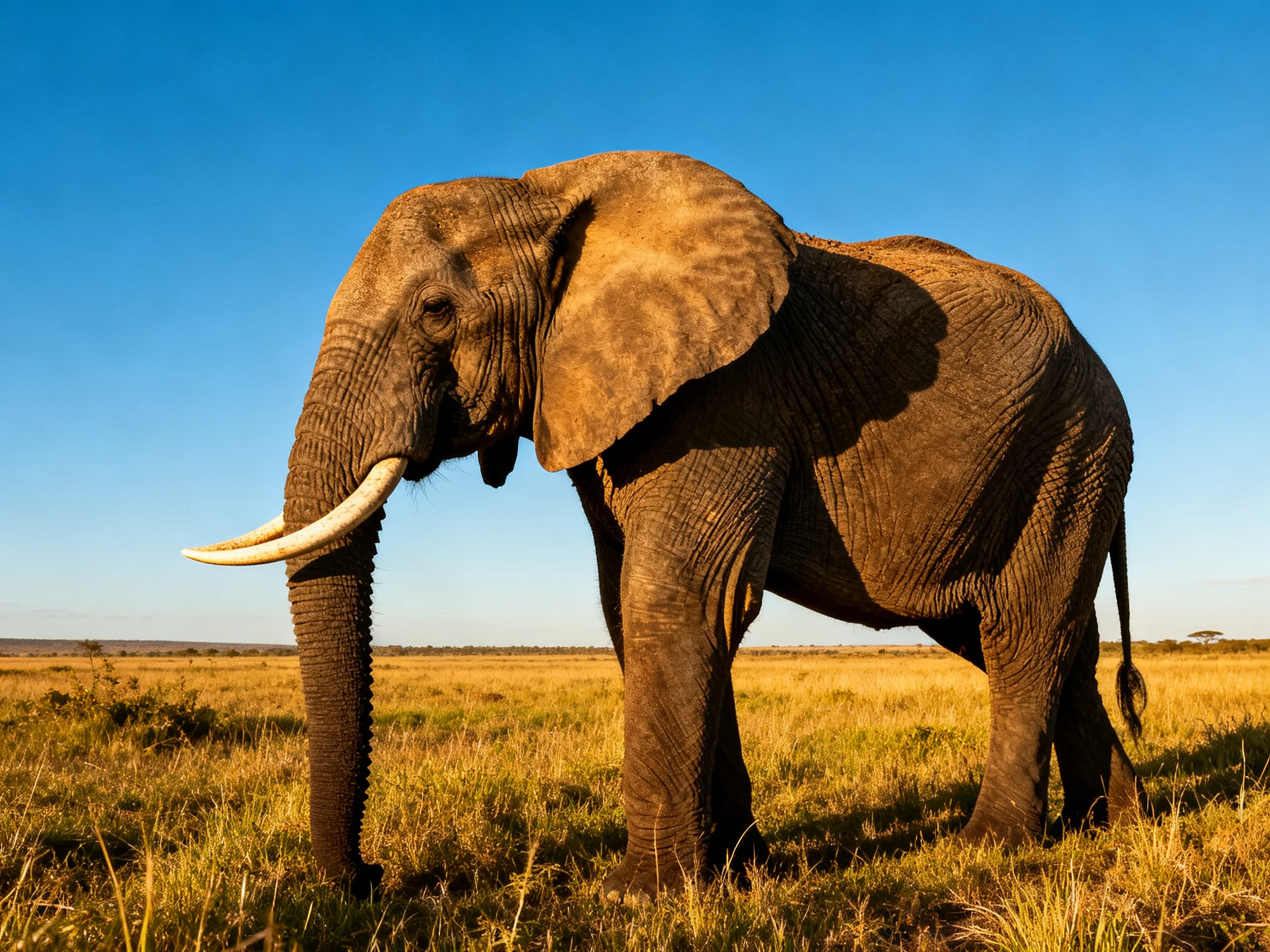 A majestic brown elephant stands in golden savannah beneath clear blue sky