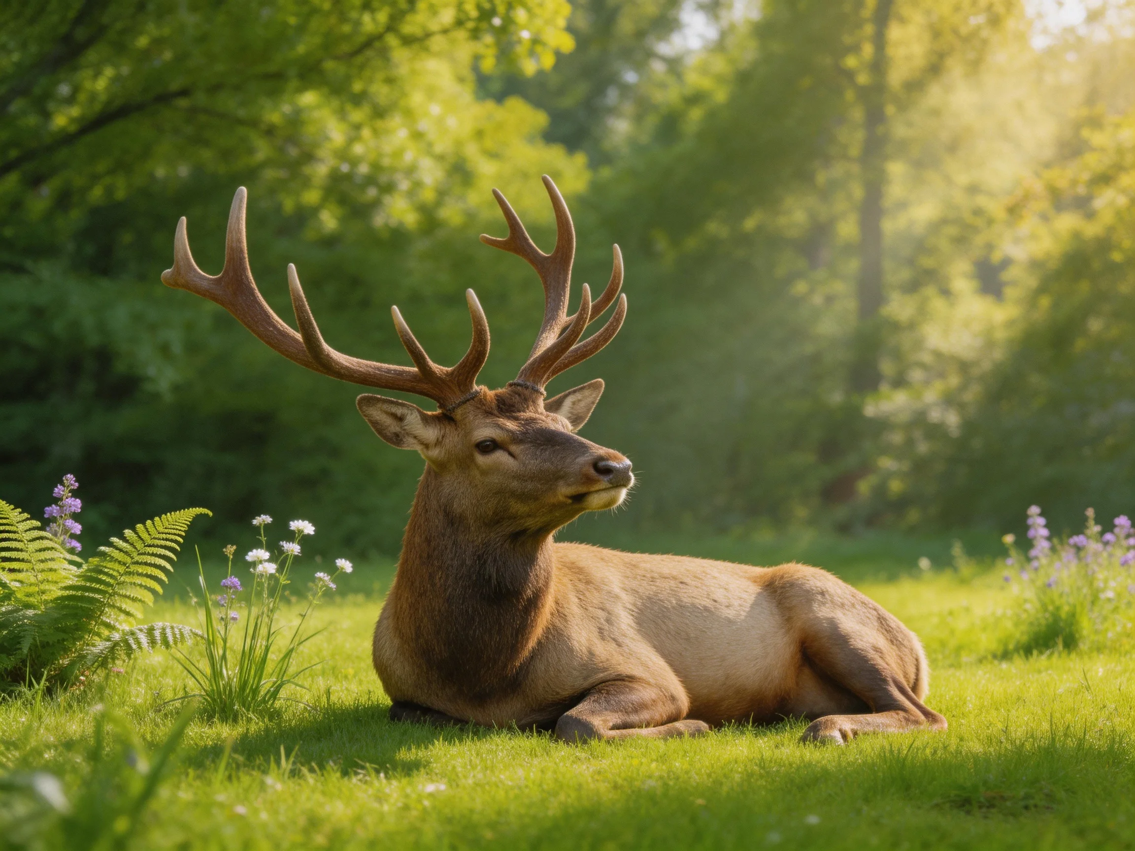 A majestic brown elk rests on lush green grass amid ferns and wildflowers