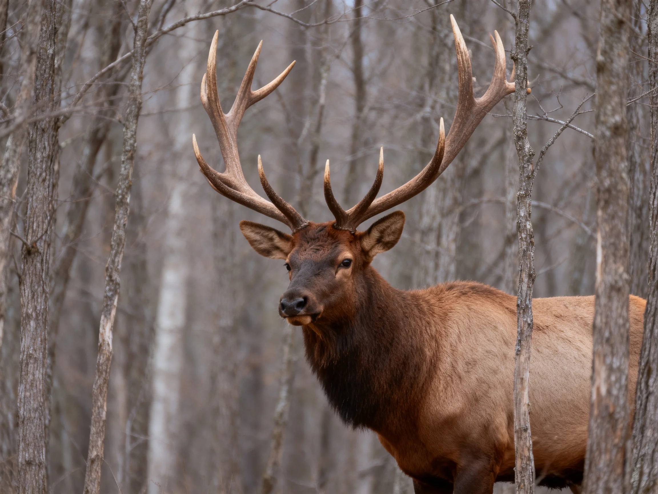 A brown elk with large antlers stands among trees in a forest.