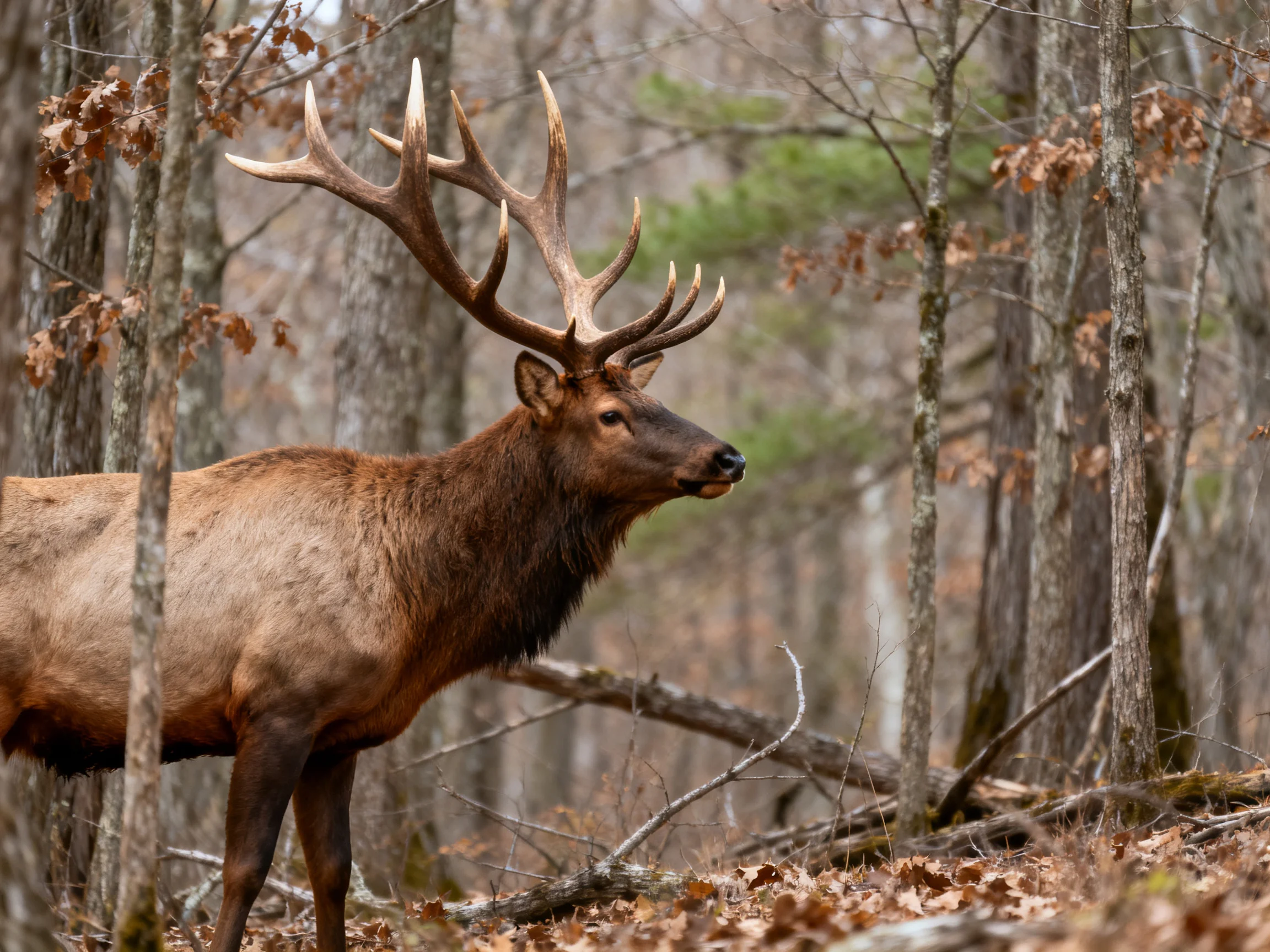 A majestic brown elk with large antlers in a wooded forest