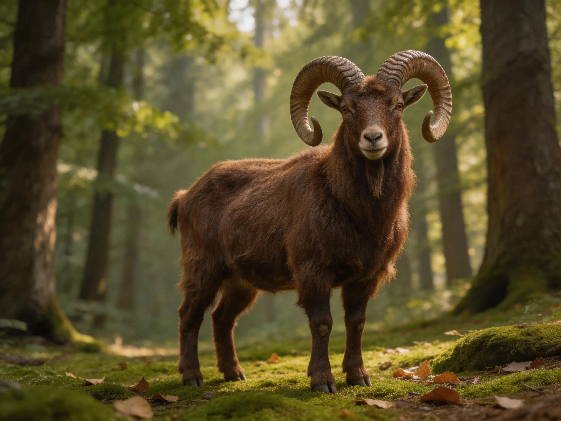 A majestic brown horned goat stands in a sunlit forest clearing
