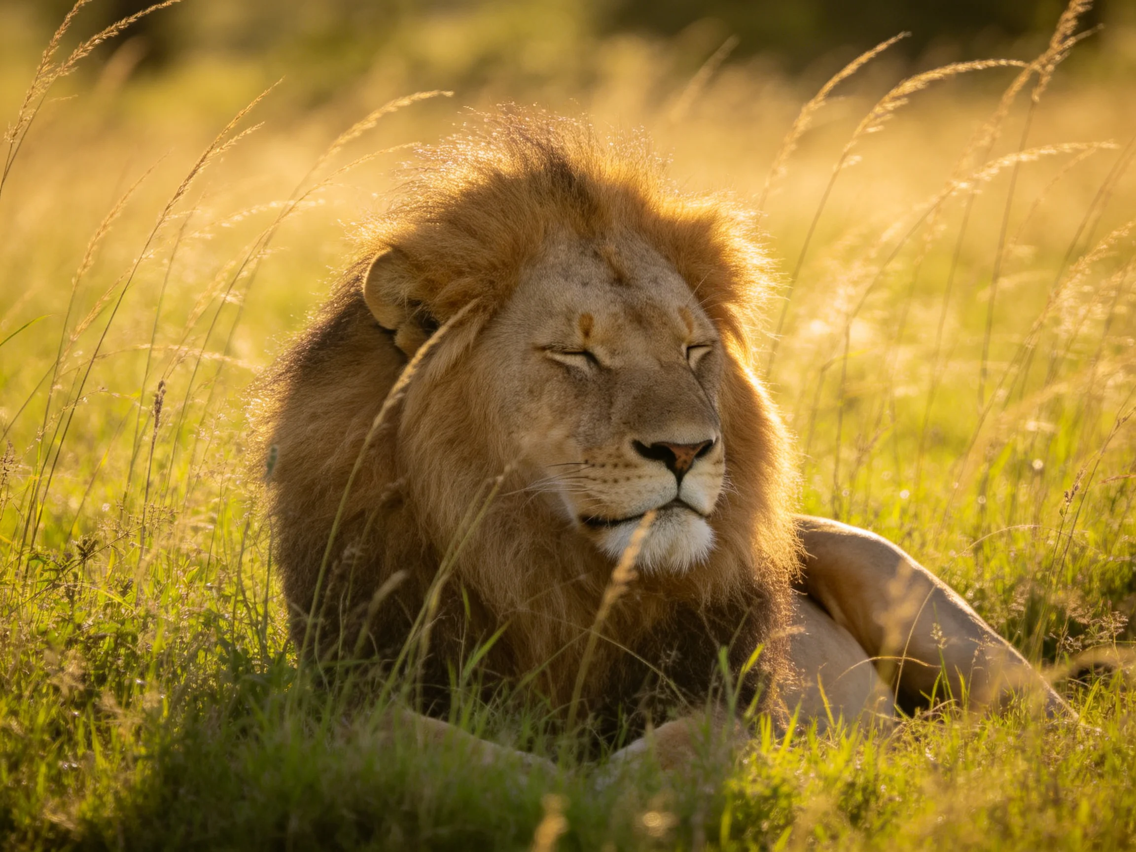 A lion lies peacefully among tall grass in a sunlit savannah.