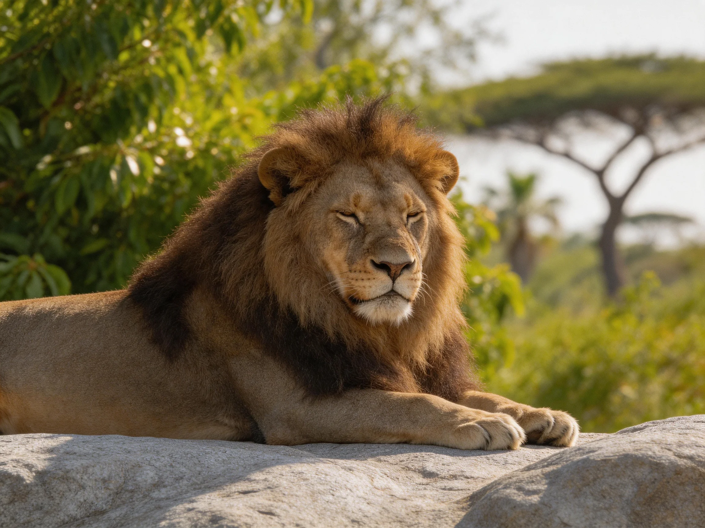 A brown lion lies on rocks surrounded by greenery in a natural setting.