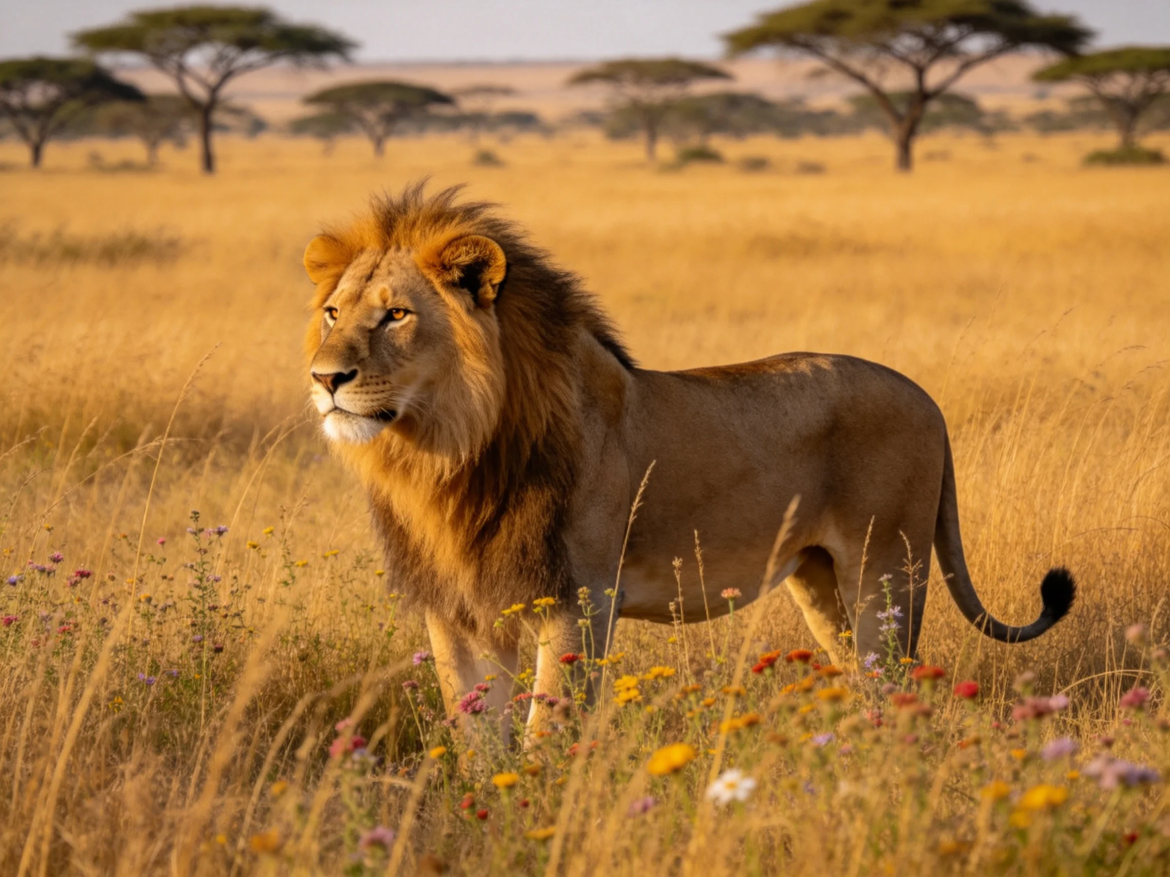 A majestic brown lion stands in golden savannah with colorful wildflowers.