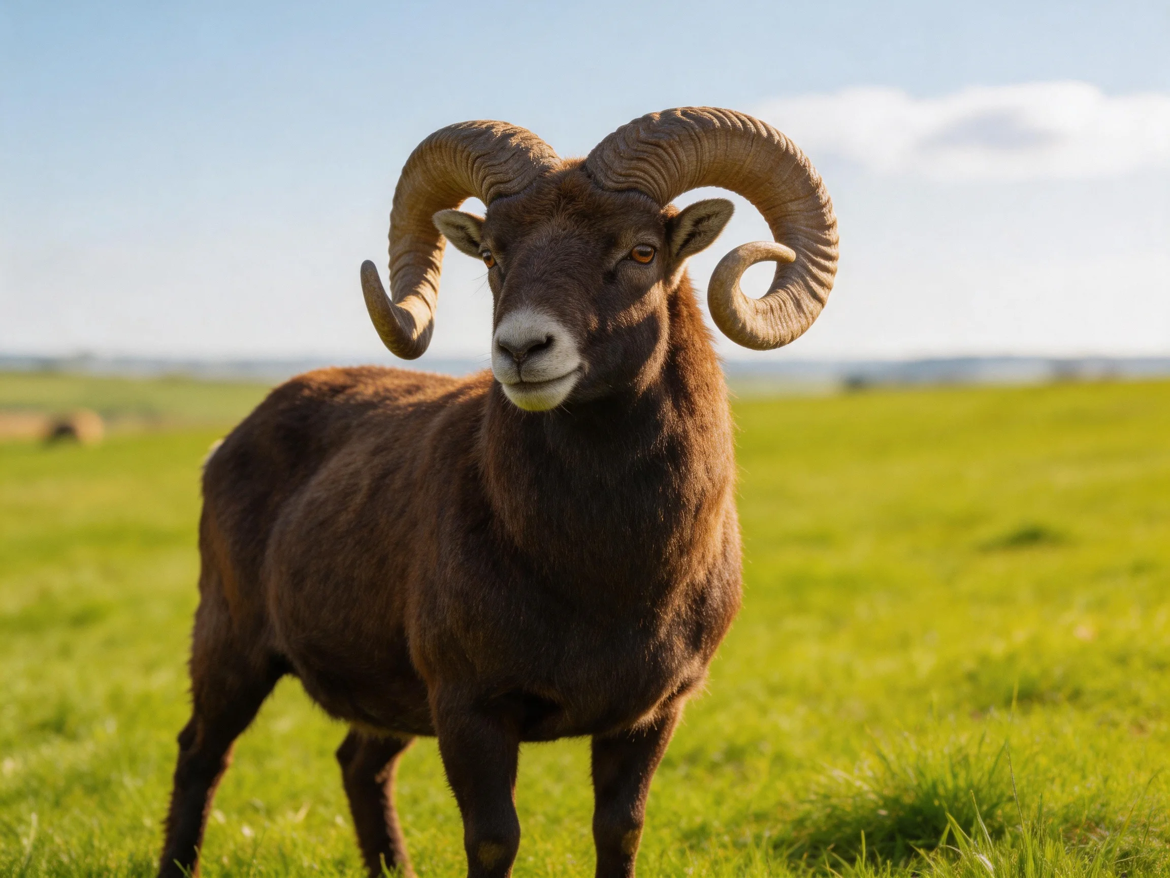 A brown ramwith large curved horns stands in an open green meadow.