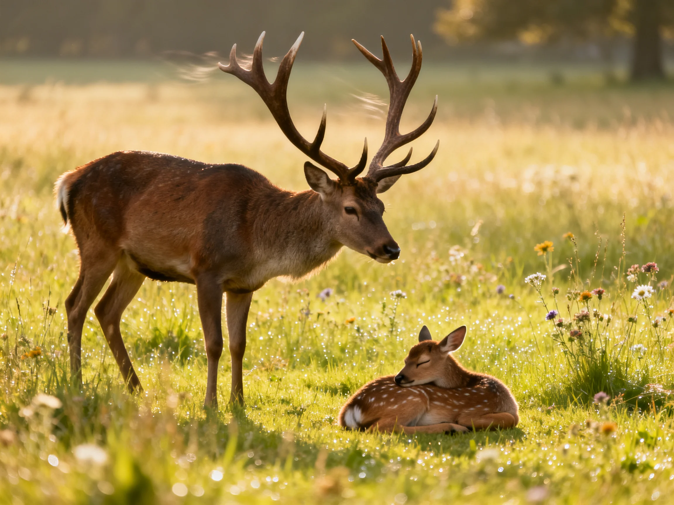 A majestic brown stag and spotted fawn rest in a sunlit meadow