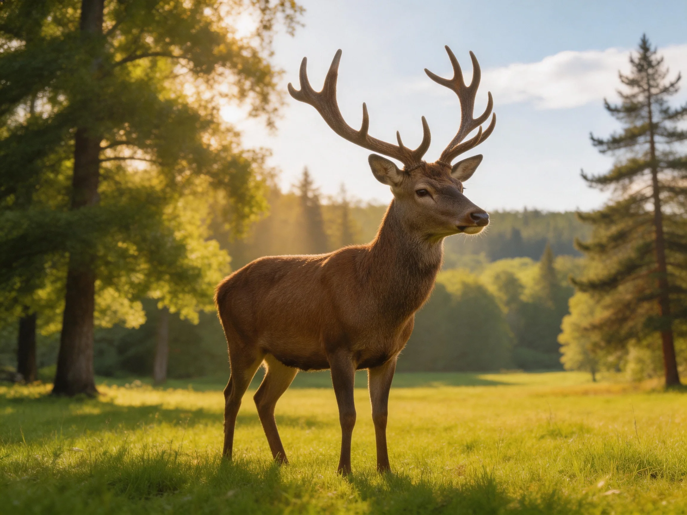 A majestic brown stag stands in a sunlit green meadow near tall trees