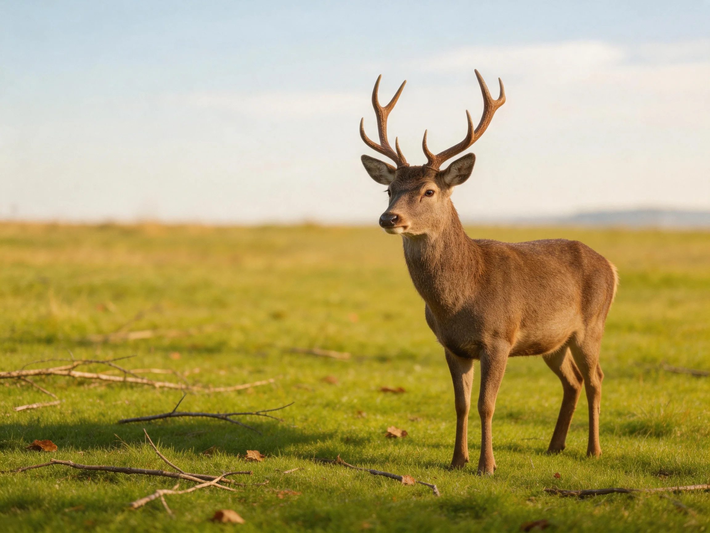 A majestic brown stag stands in an expansive green meadow