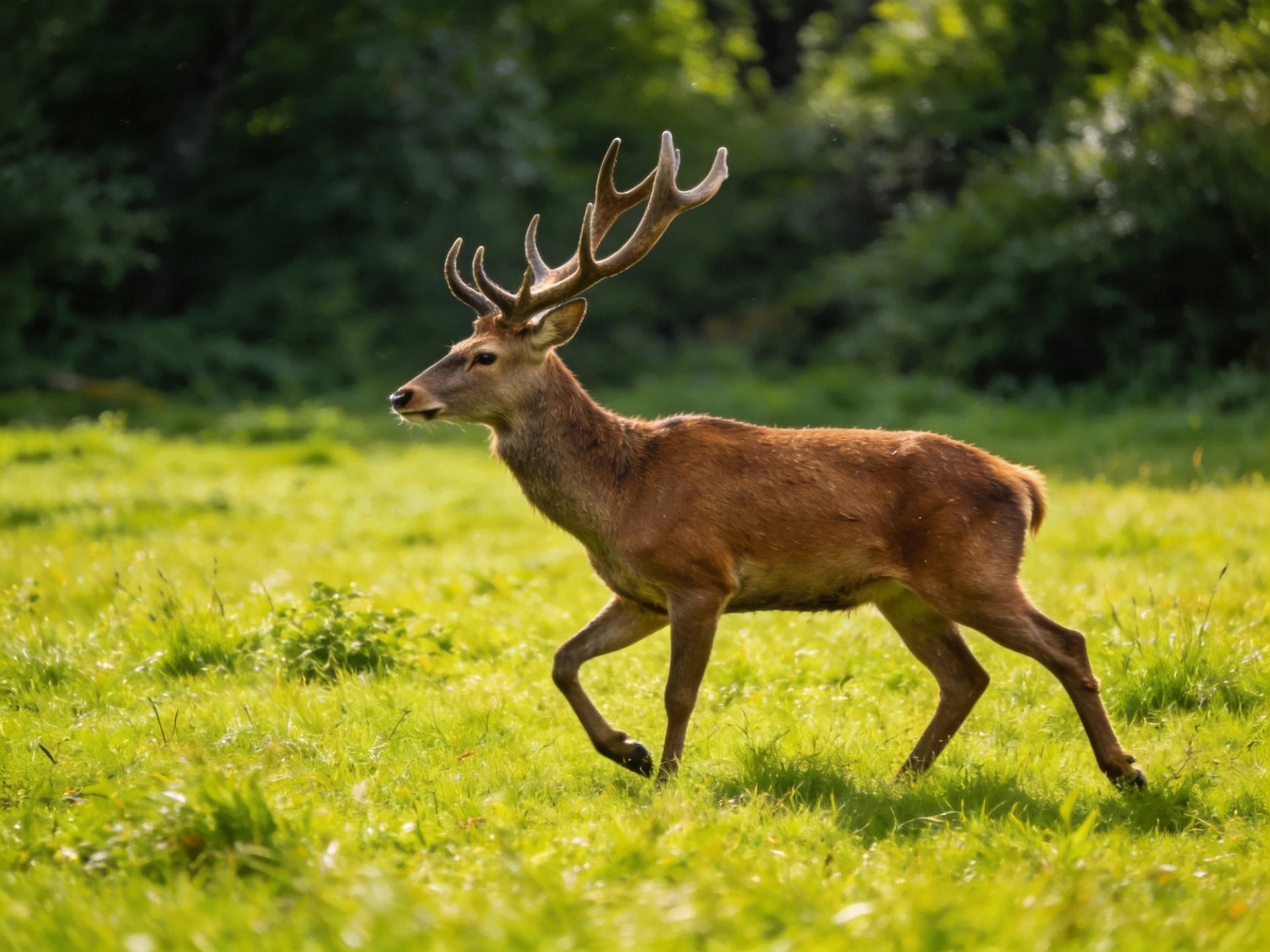A majestic brown stag with large antlers in a sunlit green meadow