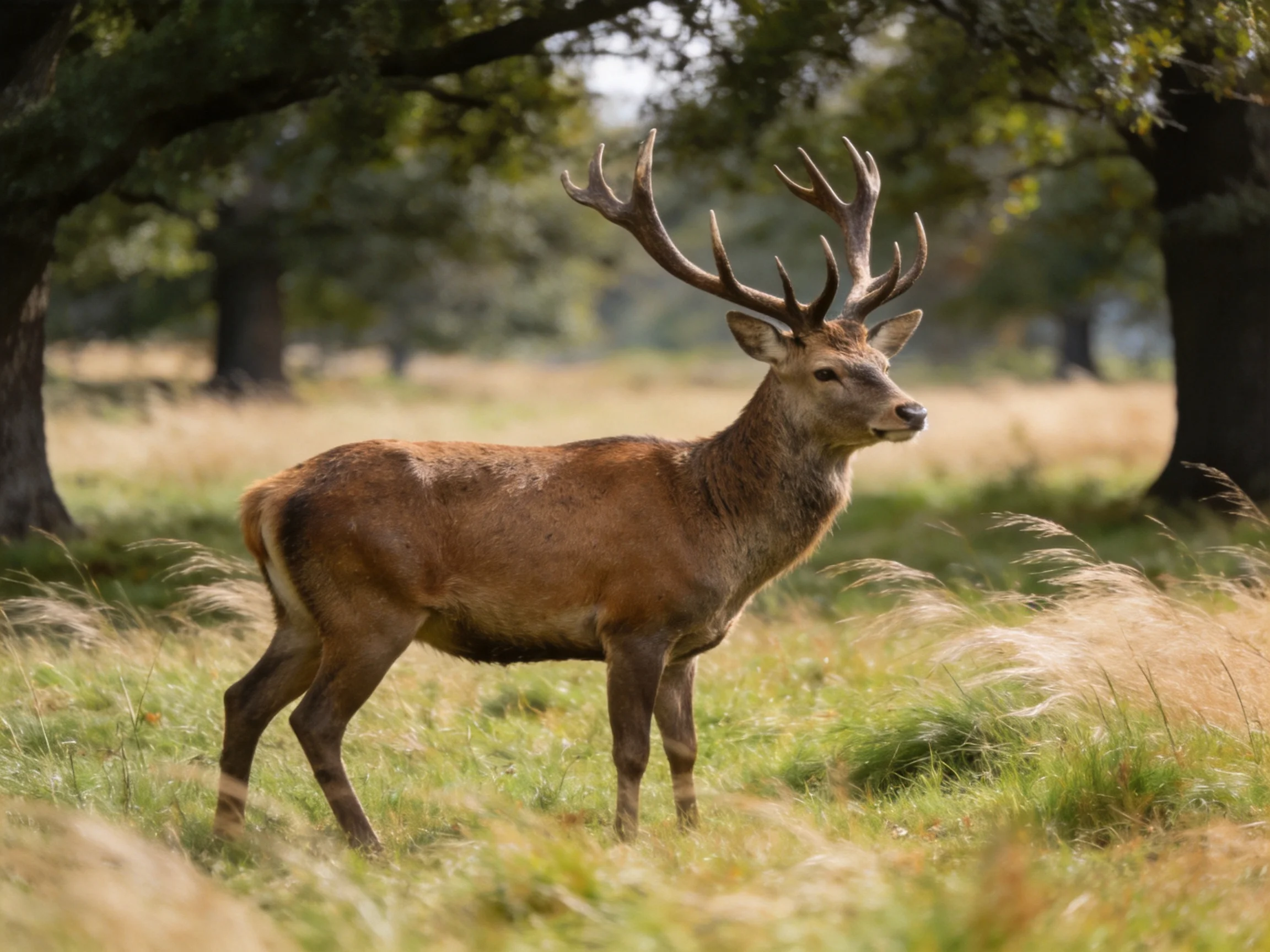 A majestic brown stag with large antlers in a sunlit meadow