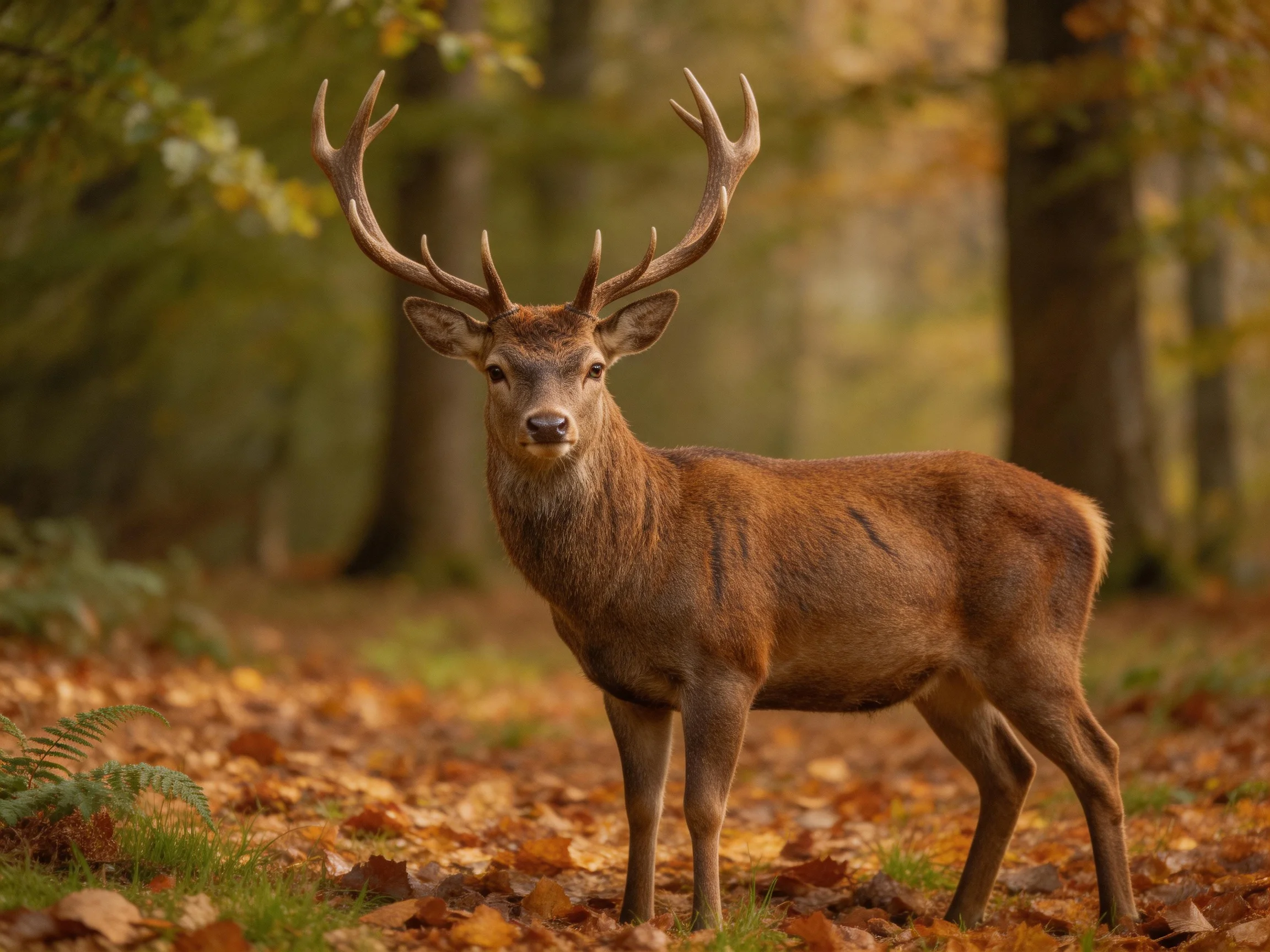 A majestic brown stag stands among autumn leaves in a sunlit forest.