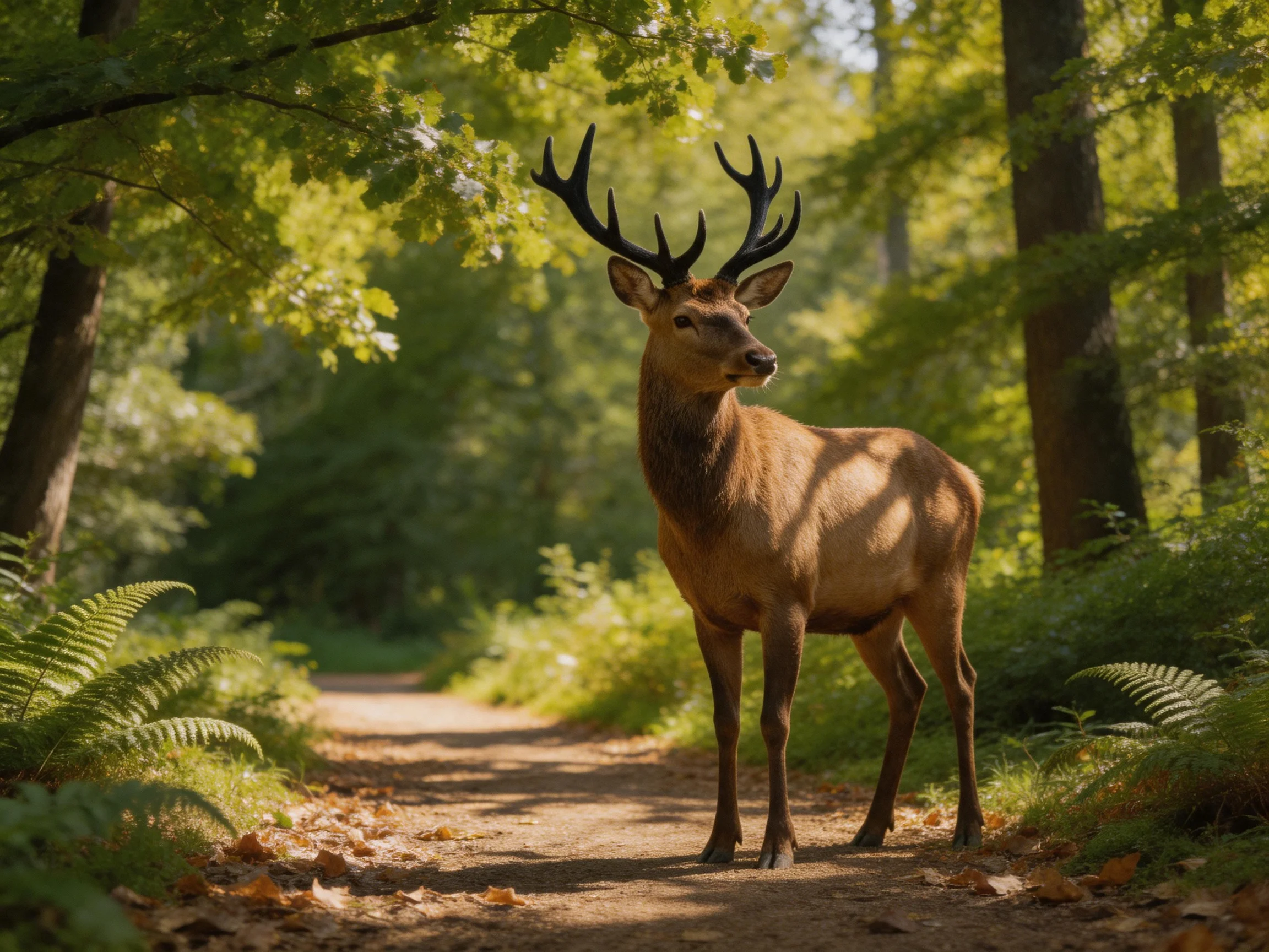 A majestic brown stag stands on a sunlit forest path in a lush woodland.