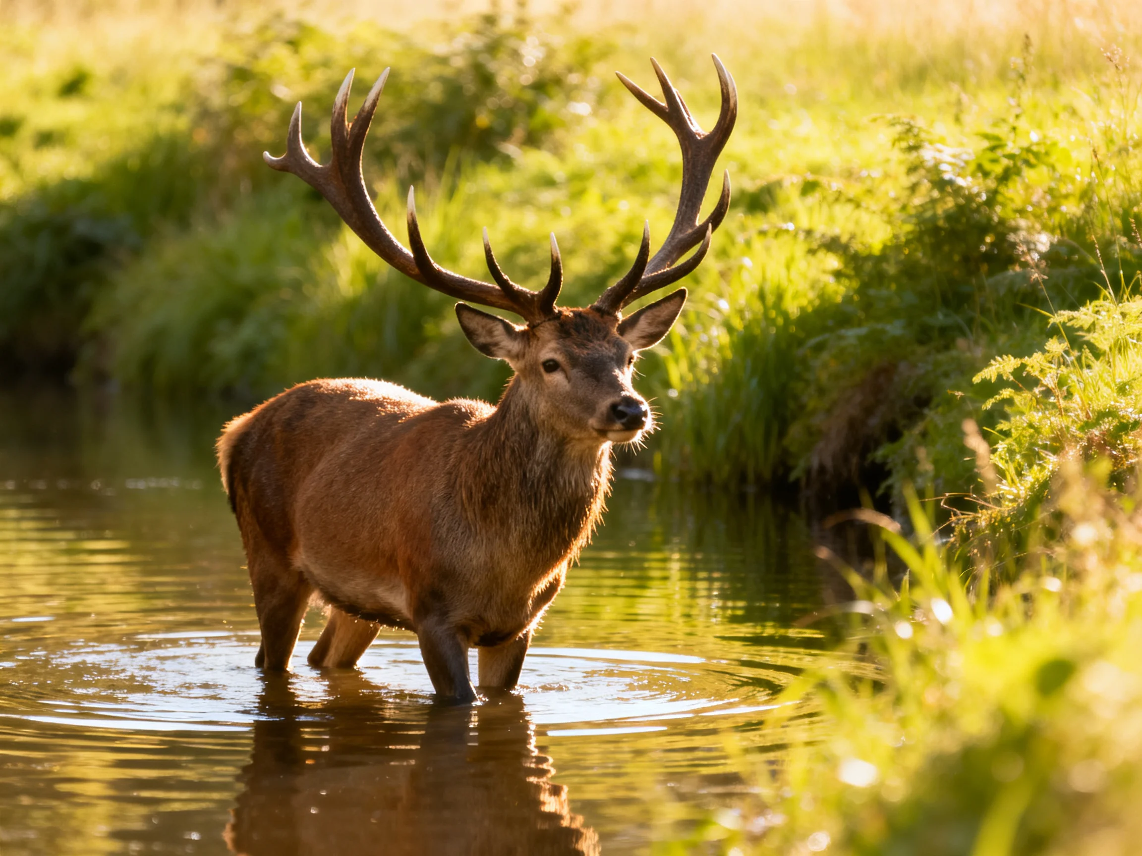 A large brown stag with impressive antlers stands in shallow water amid lush greenery.
