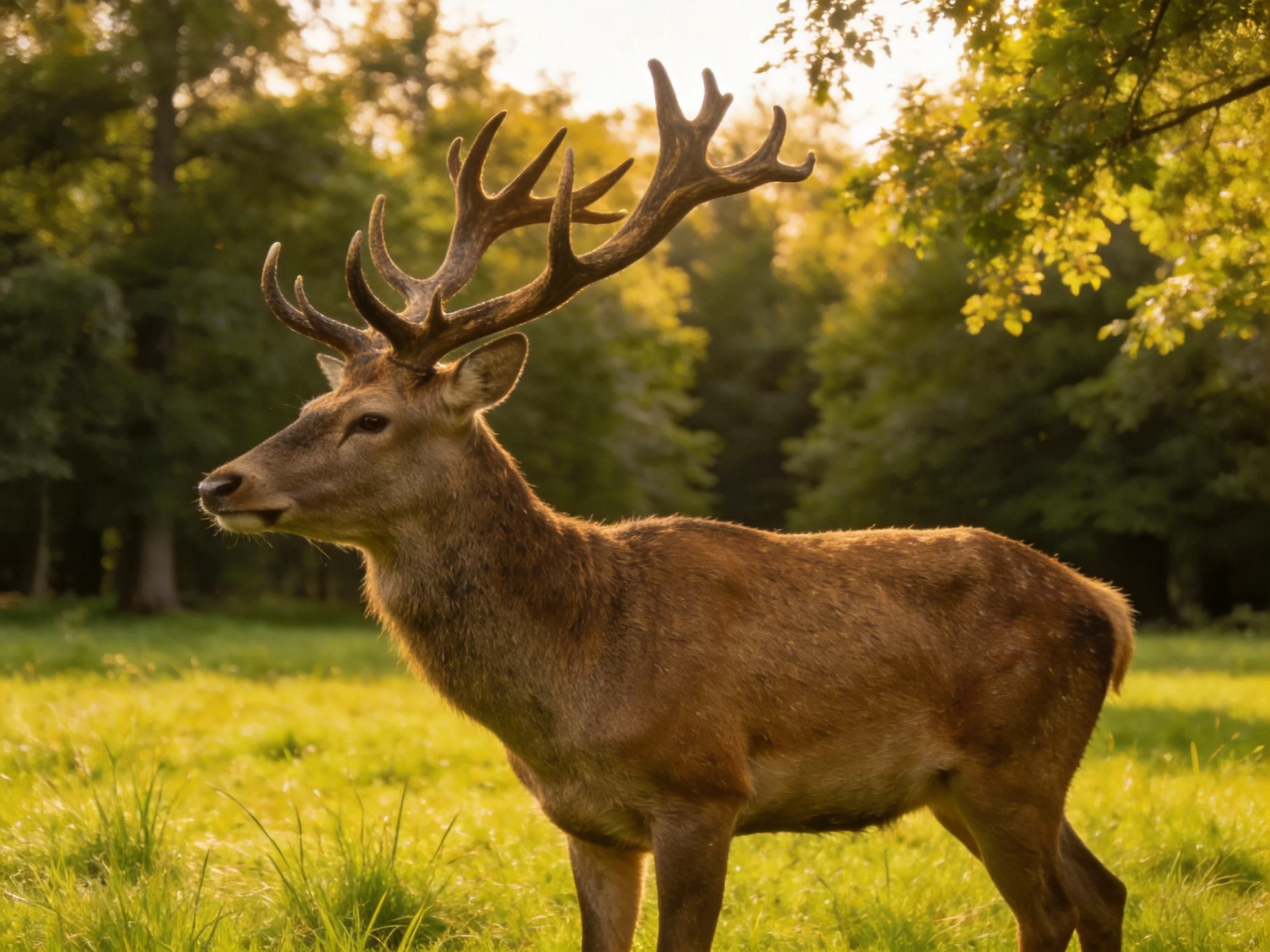 A majestic brown stag stands in a sunlit meadow near a forest.