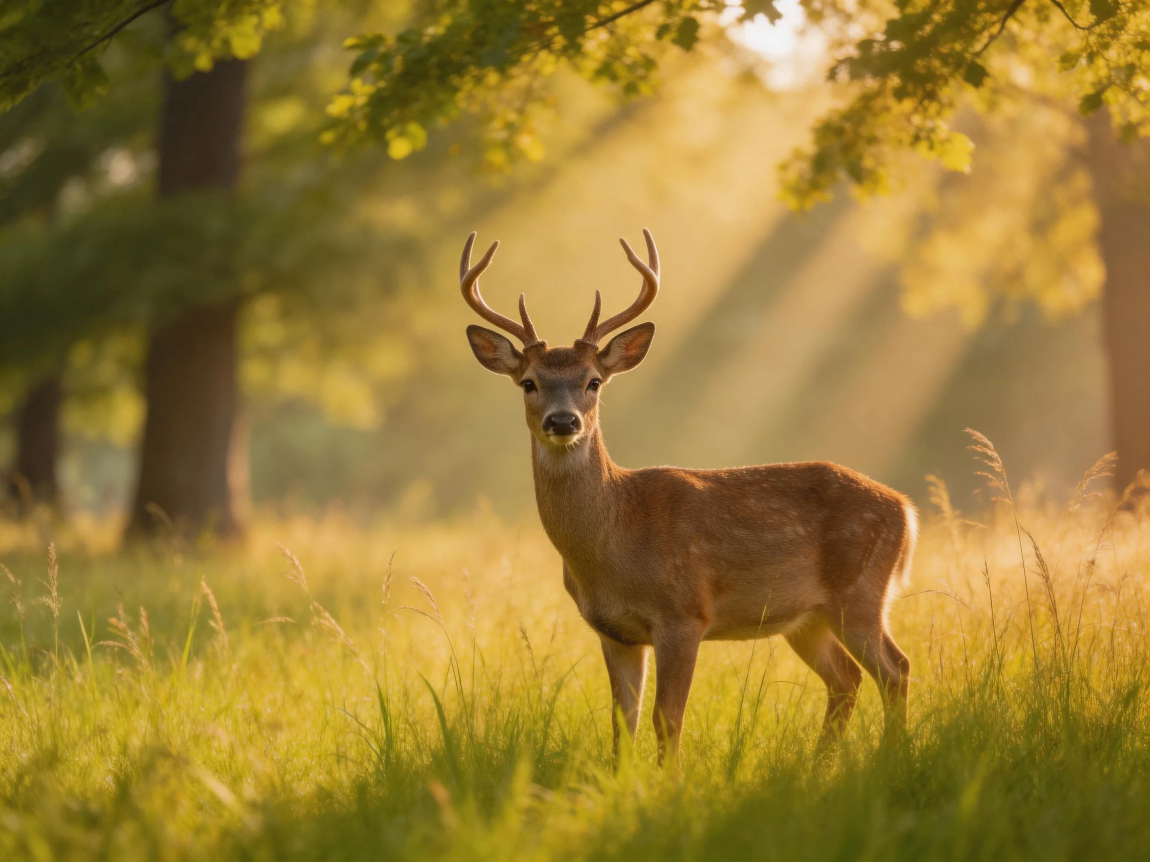 A deer with antlers stands in a sunlit forest clearing.