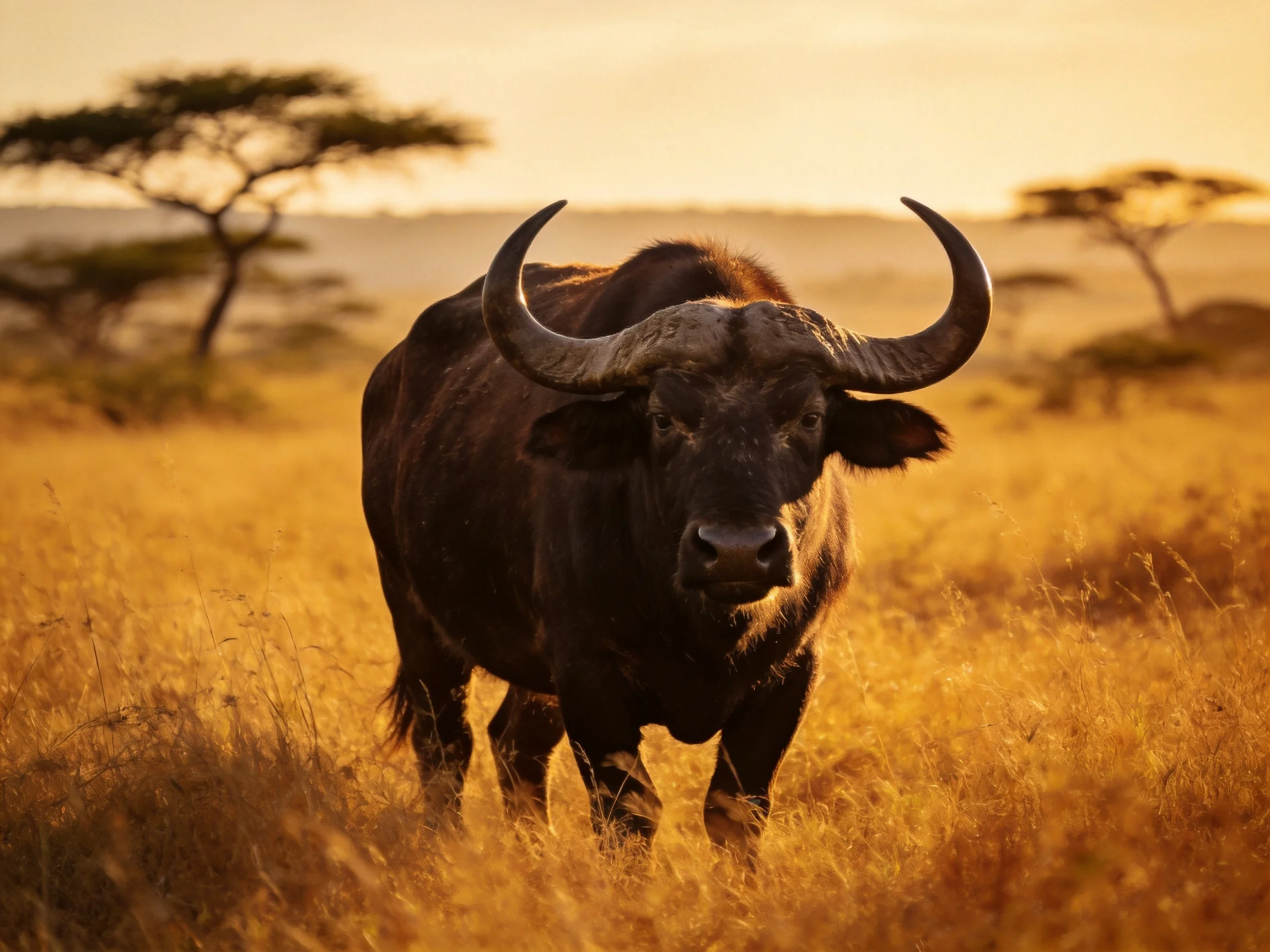 A majestic buffalo in golden savannah grass near acacia trees