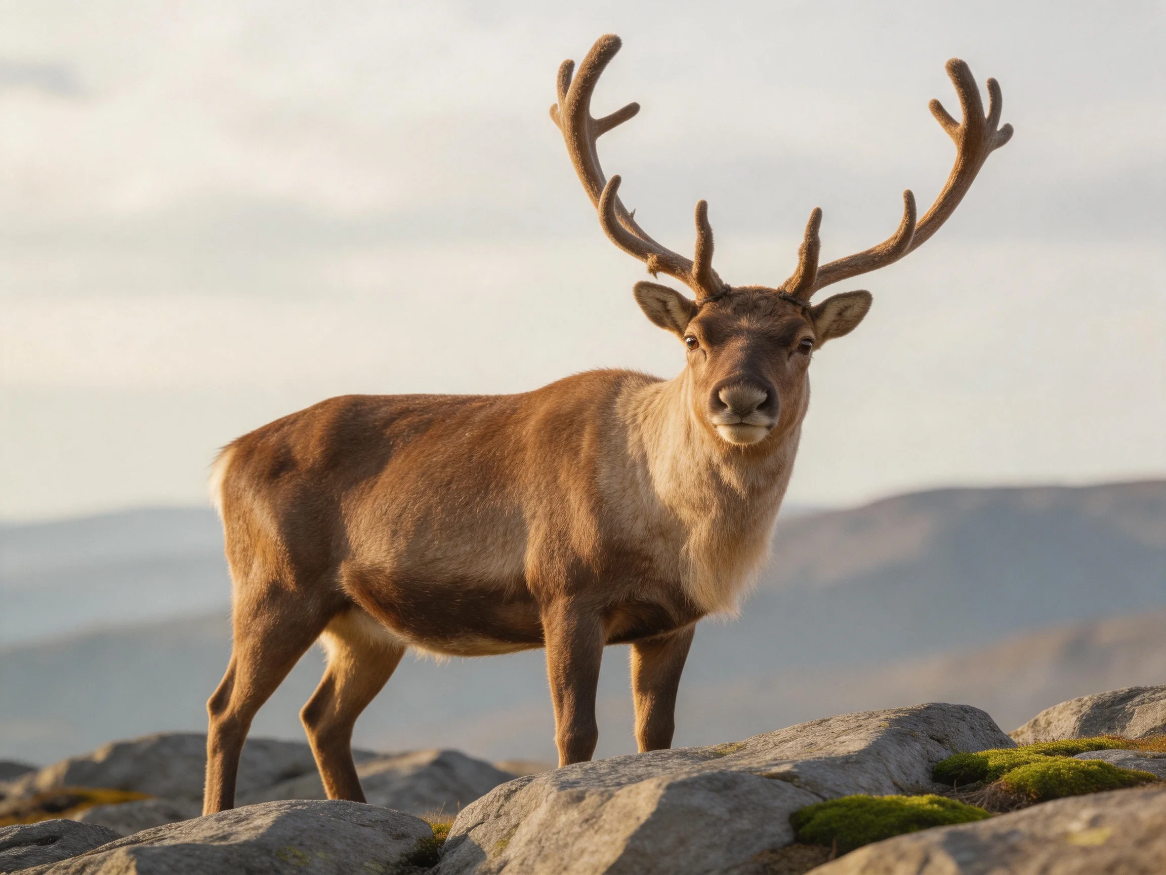 A majestic caribou with large antlers stands on mossy rocks near mountains