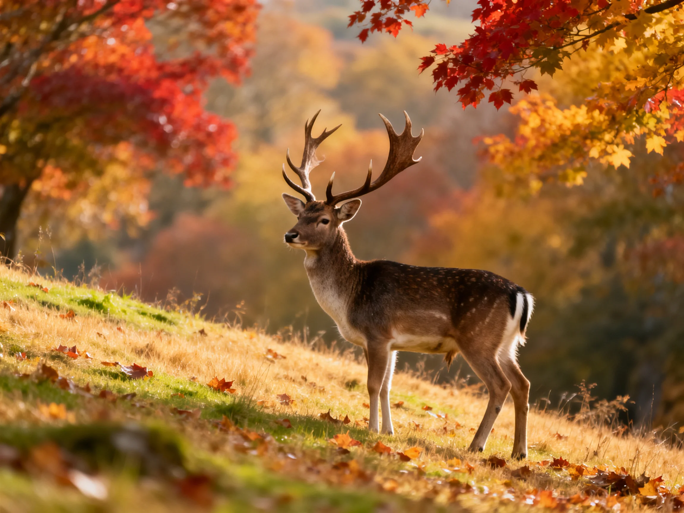 A deer stands on a sunlit hillside surrounded by colorful autumn trees.