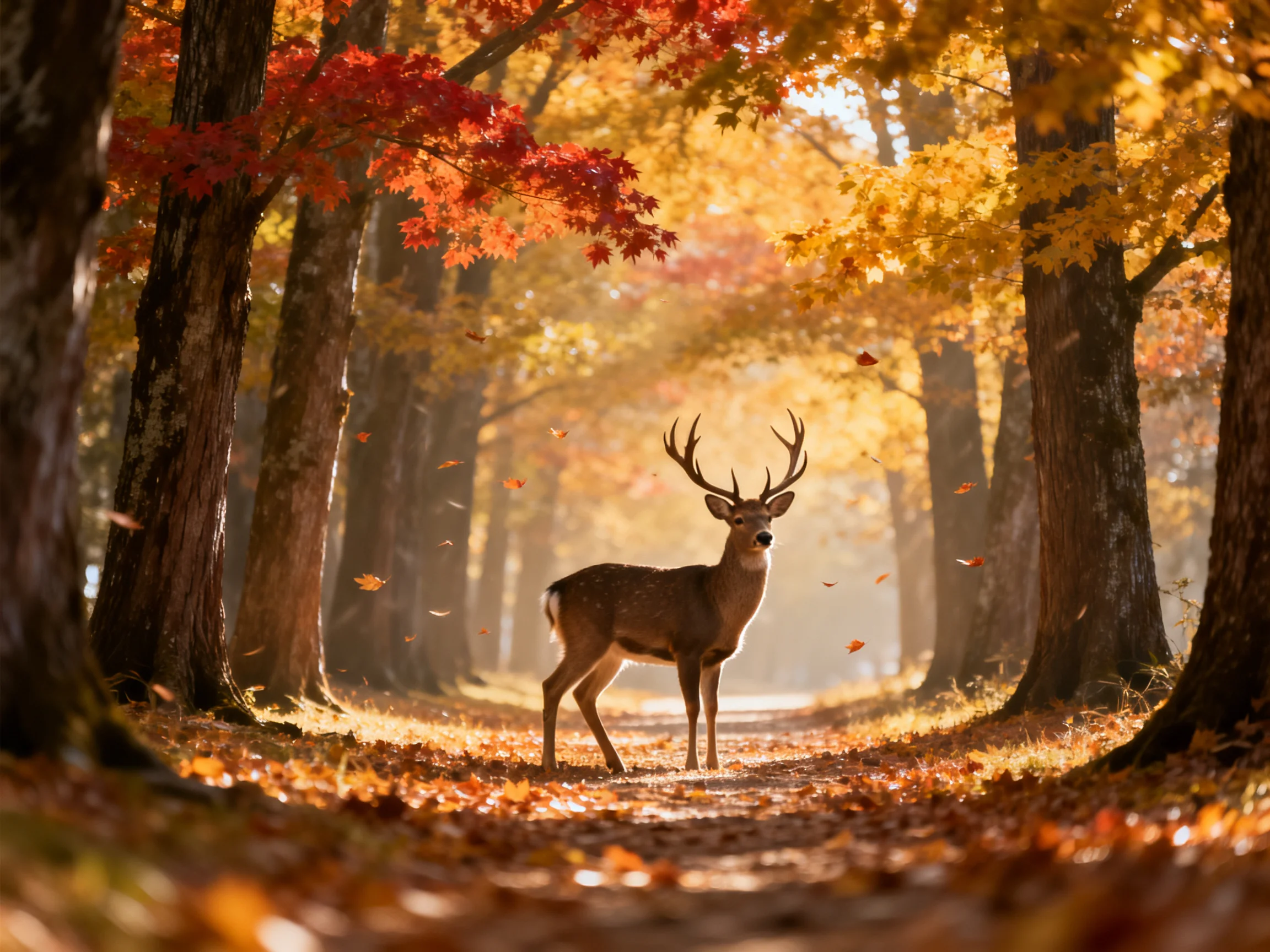 A deer stands in a sun-dappled autumn forest path lined with colorful trees.