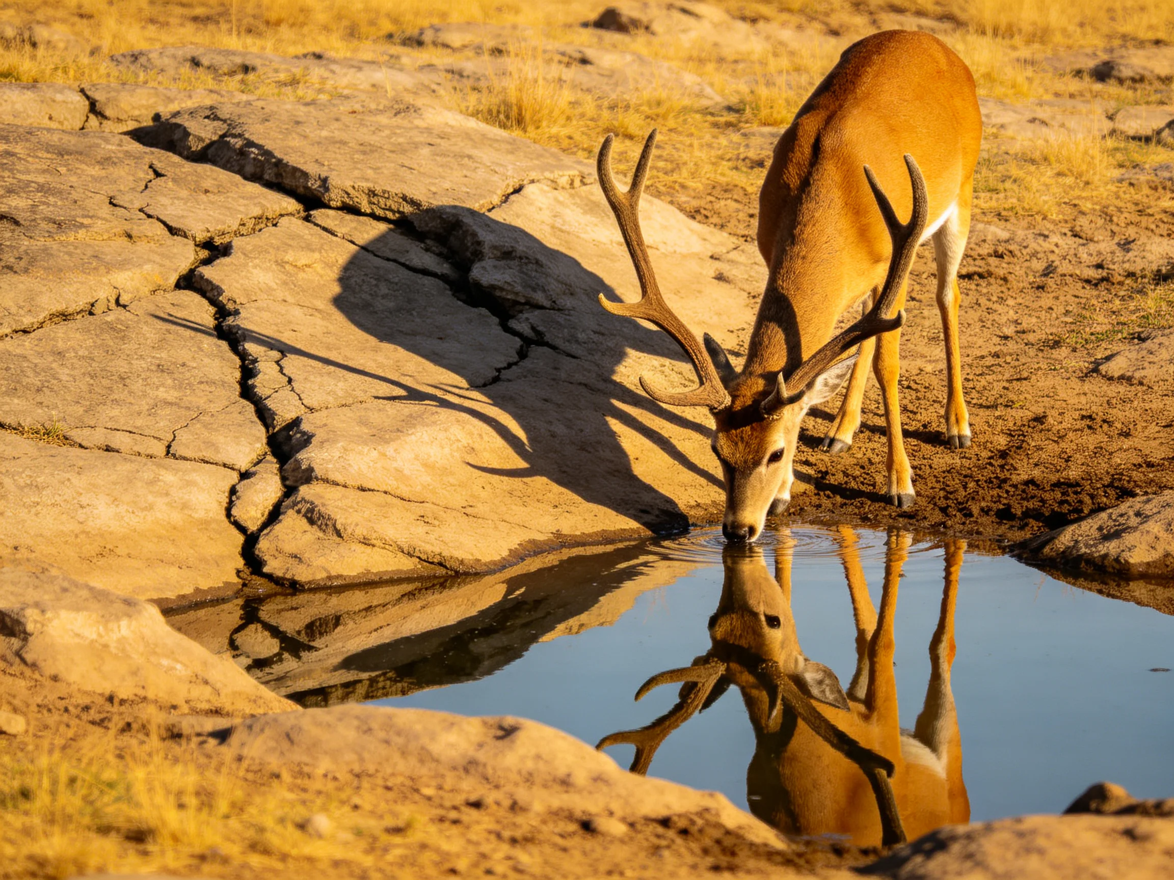 A majestic deer drinks from a reflective waterhole in golden light