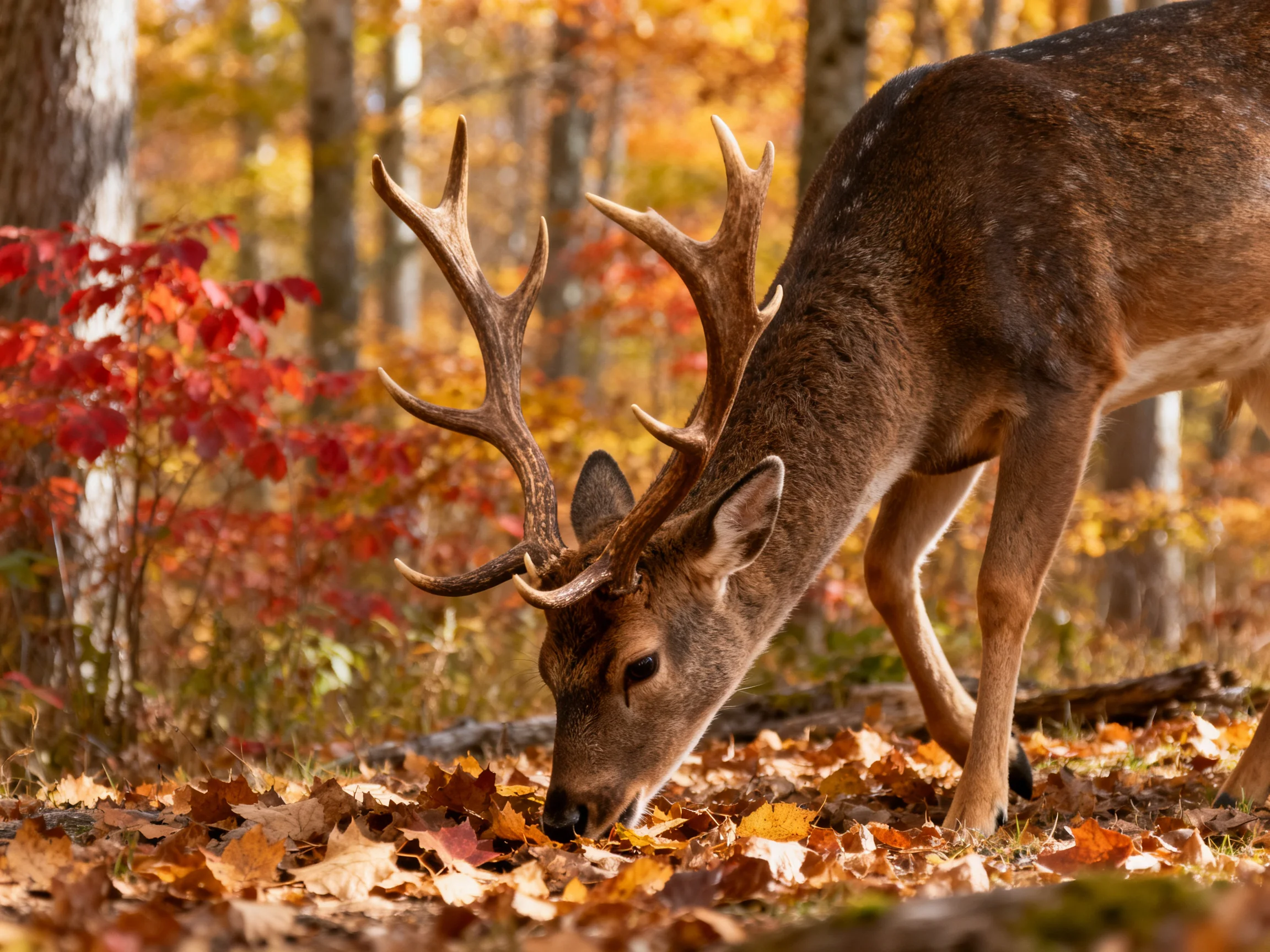 A majestic deer forages amid colorful fall foliage and fallen leaves
