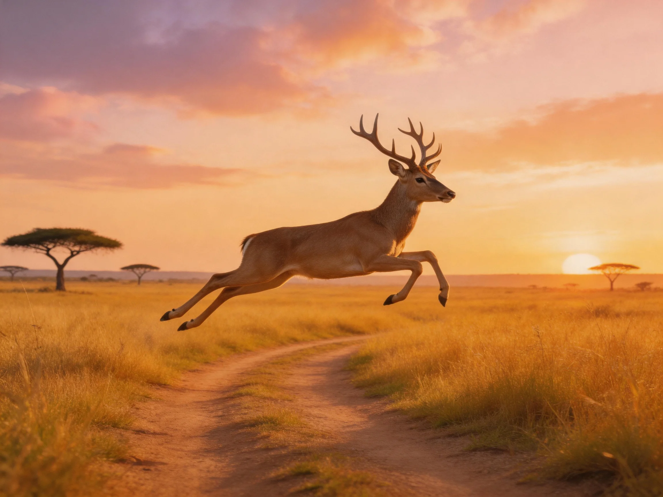 A majestic deer leaps over a dirt path in golden savannah at sunset