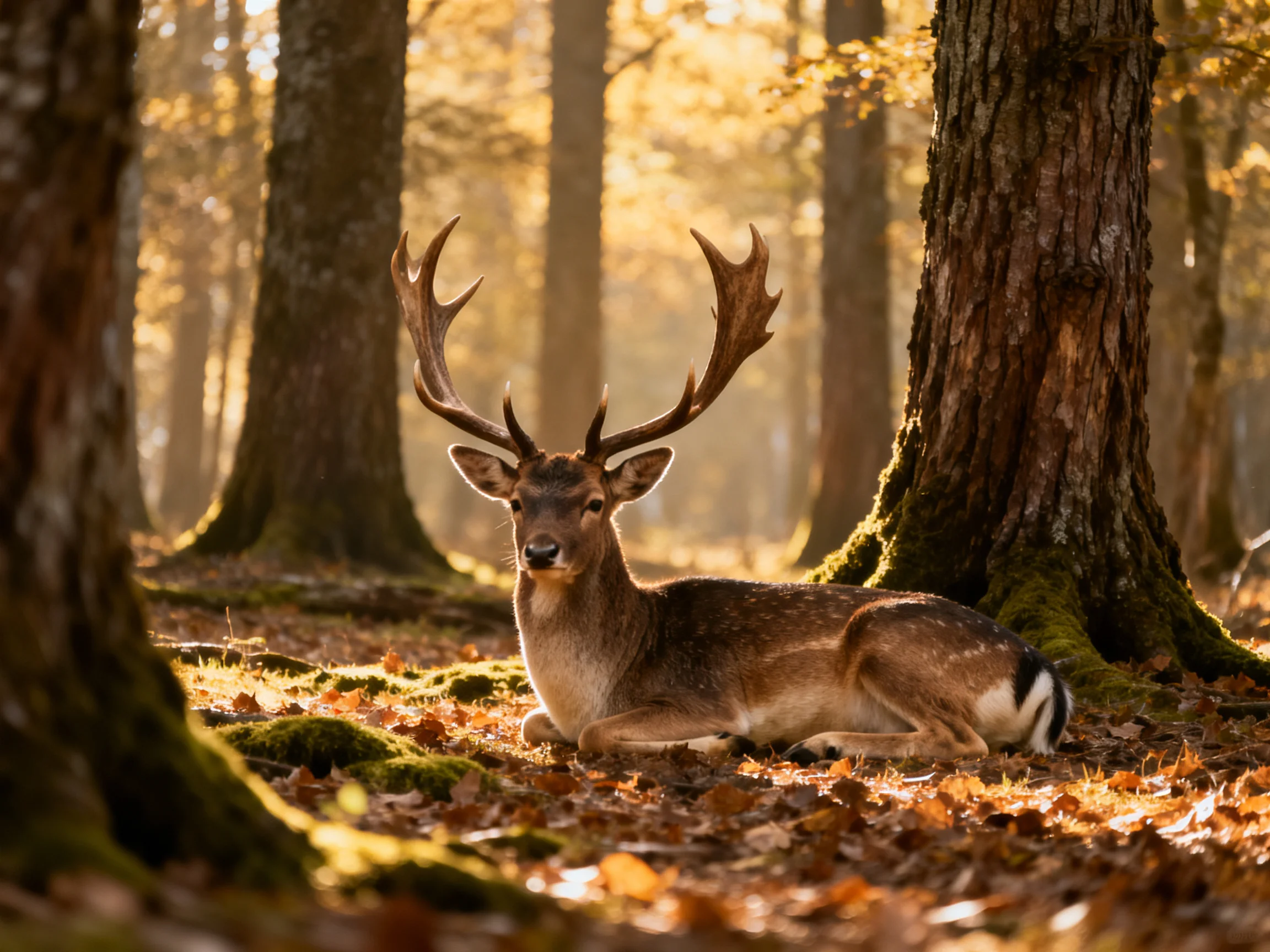 A deer rests peacefully among trees in an autumnal forest.
