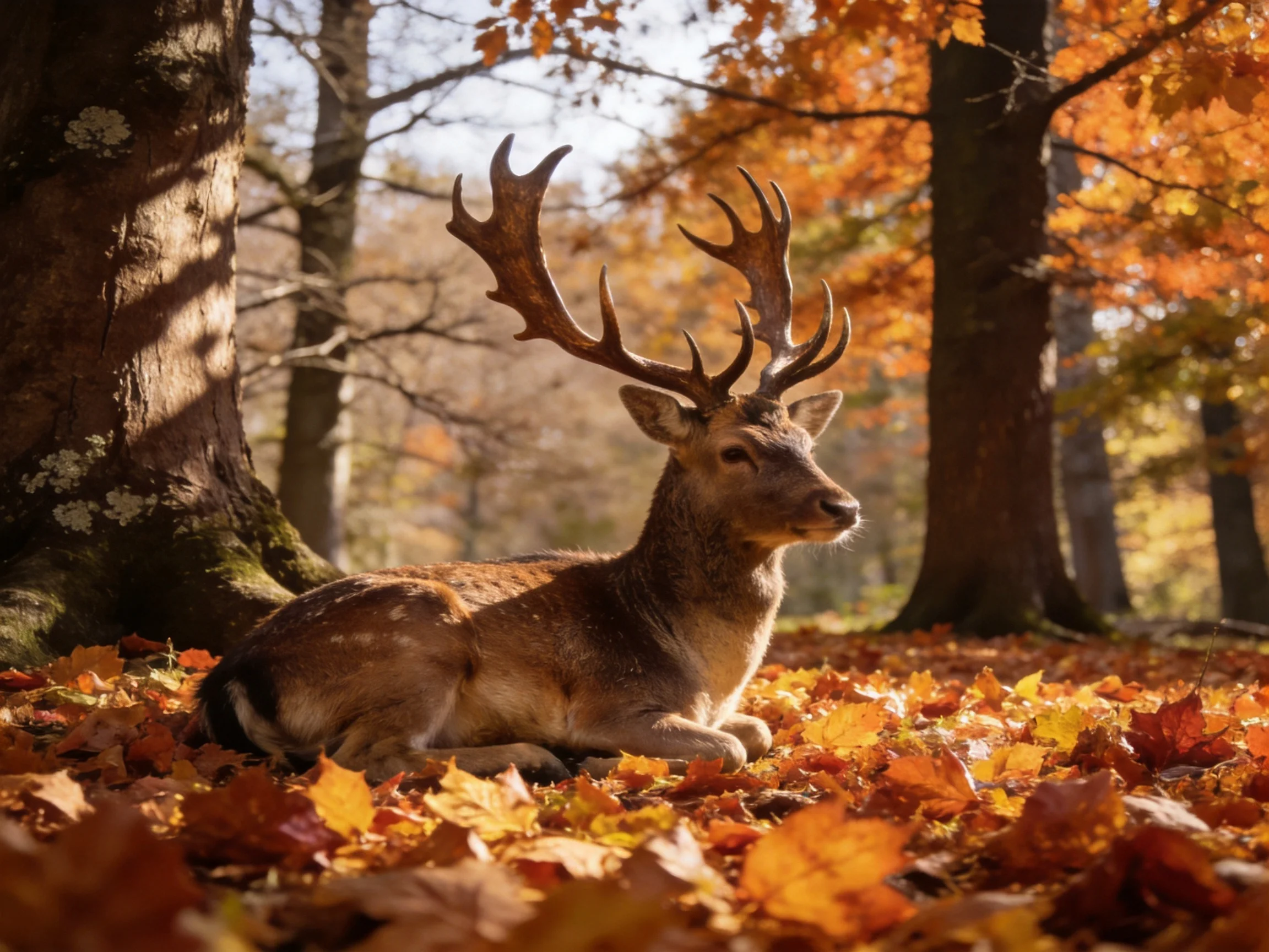 A majestic deer rests amid vibrant autumn foliage in a sun-dappled forest