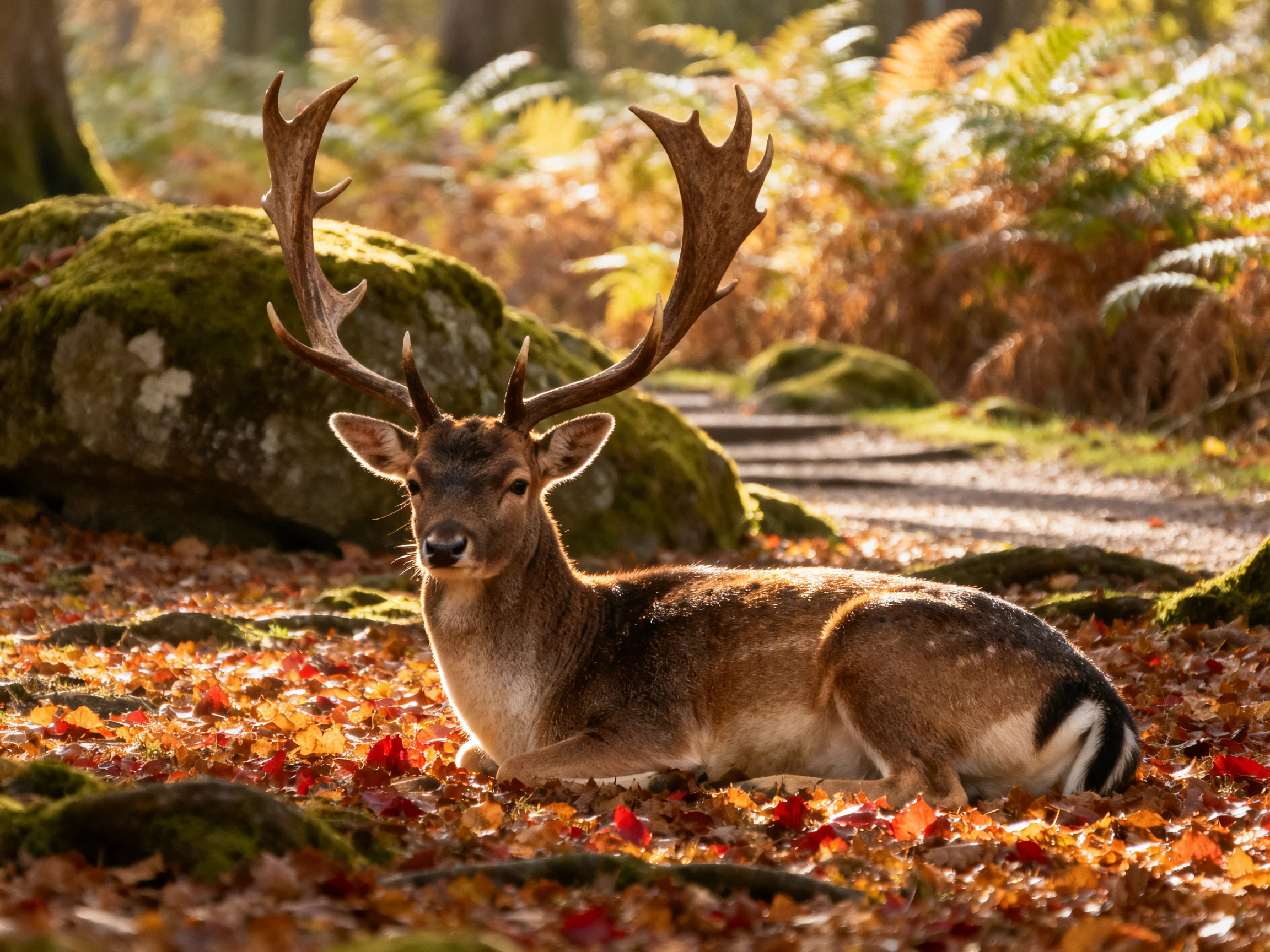 A deer rests peacefully among autumn leaves and forest elements.