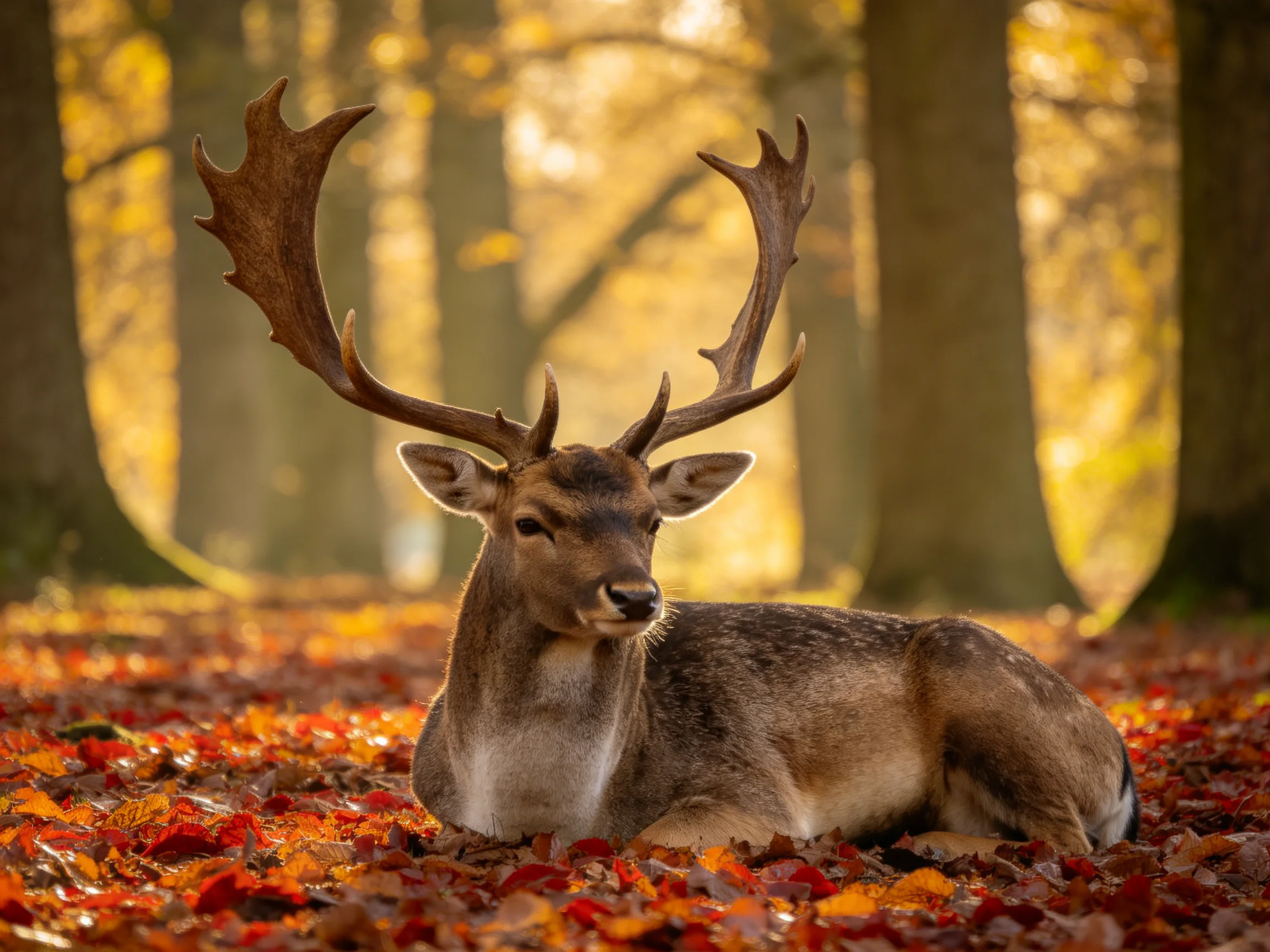 A majestic deer rests amid vibrant fall foliage in a sun-dappled forest