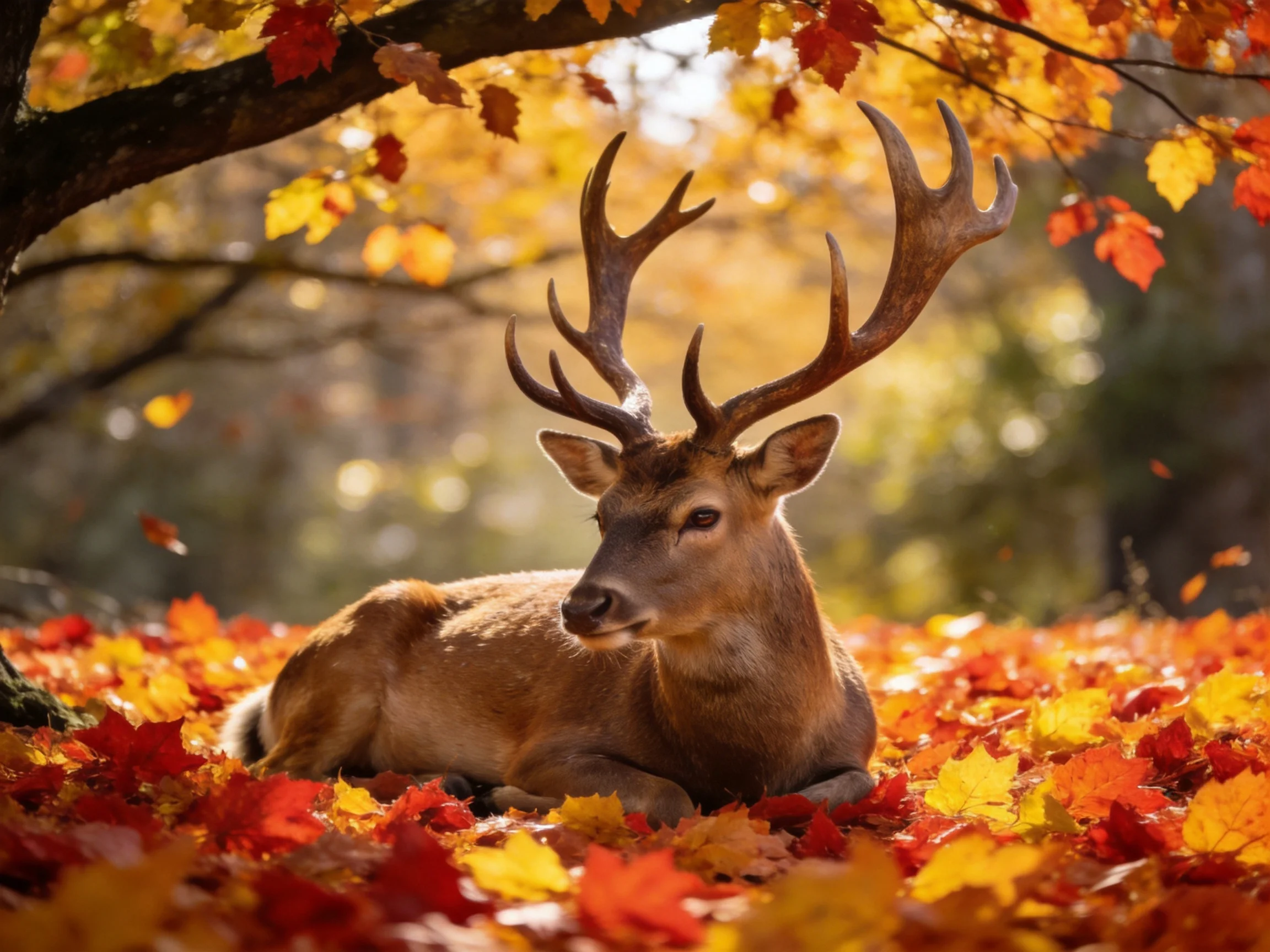 A majestic deer rests amid vibrant fall foliage with sprawling antlers