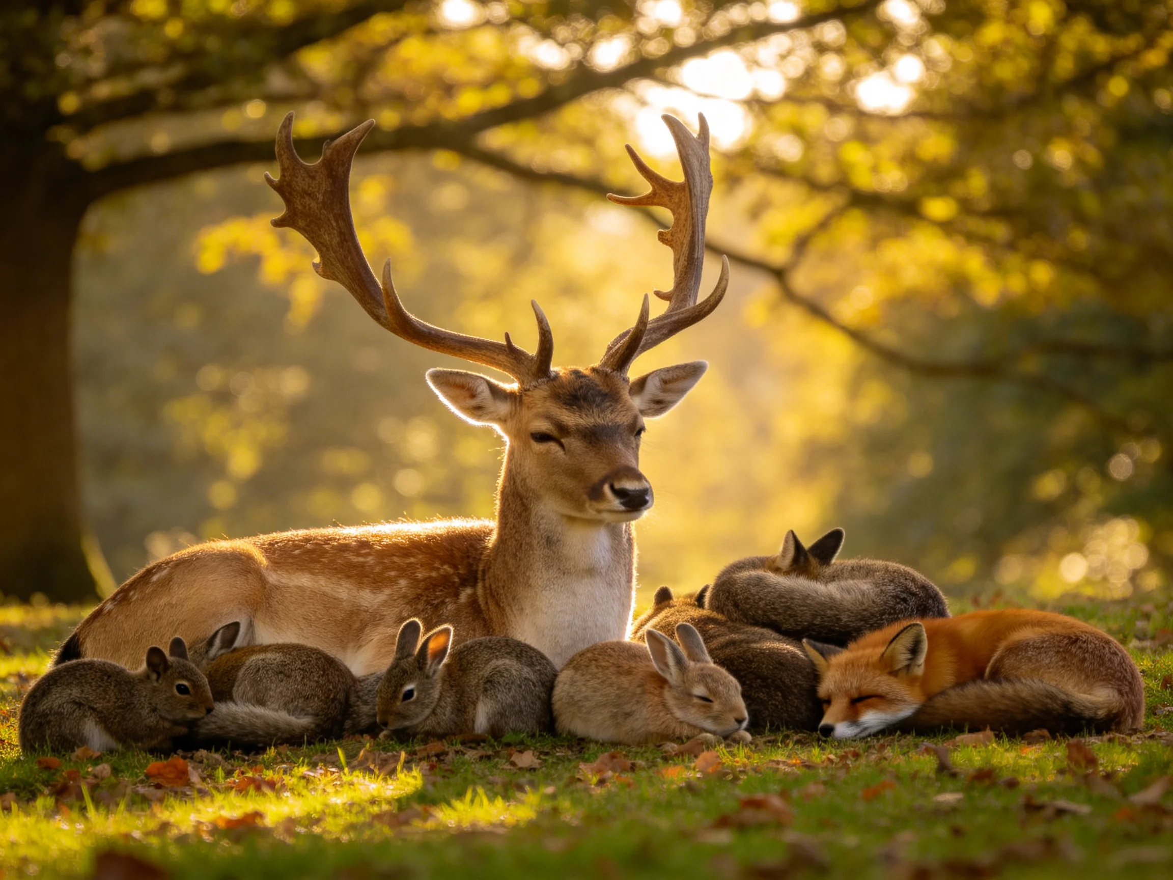 A deer is surrounded by small animals sleeping together in a sunlit forest.