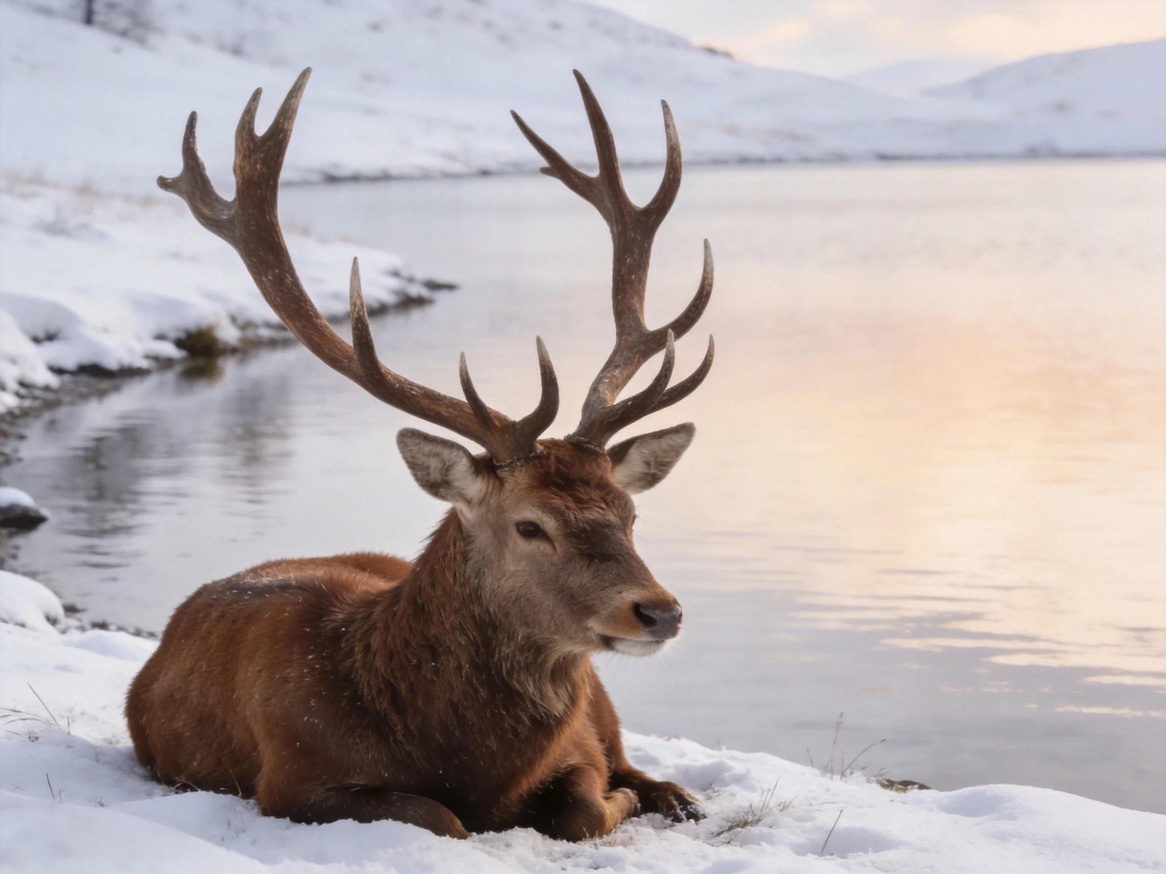 A majestic deer rests near snowy lakeshore with large antlers