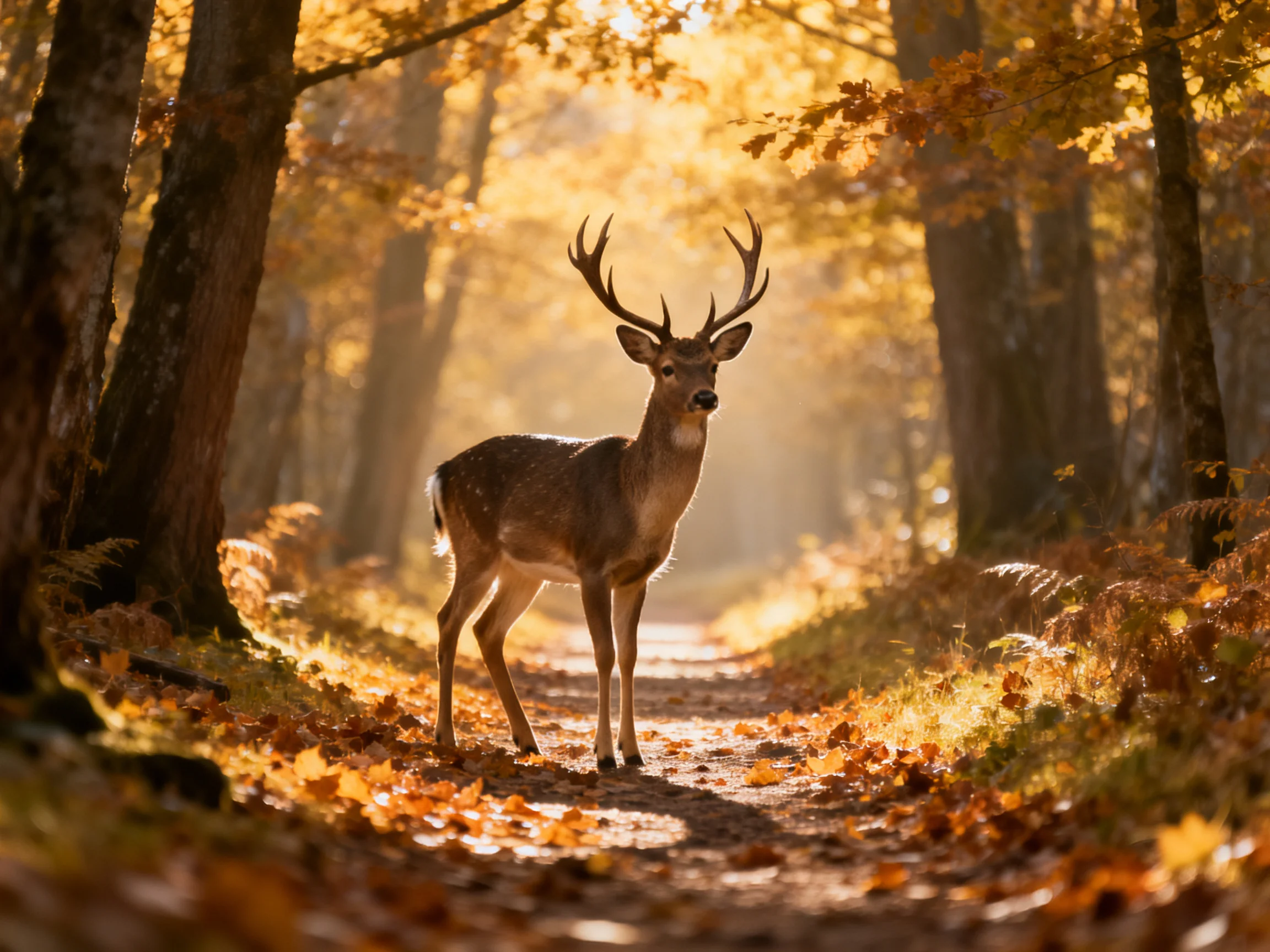 A deer with large antlers stands on a leaf-covered forest path surrounded by autumn trees.